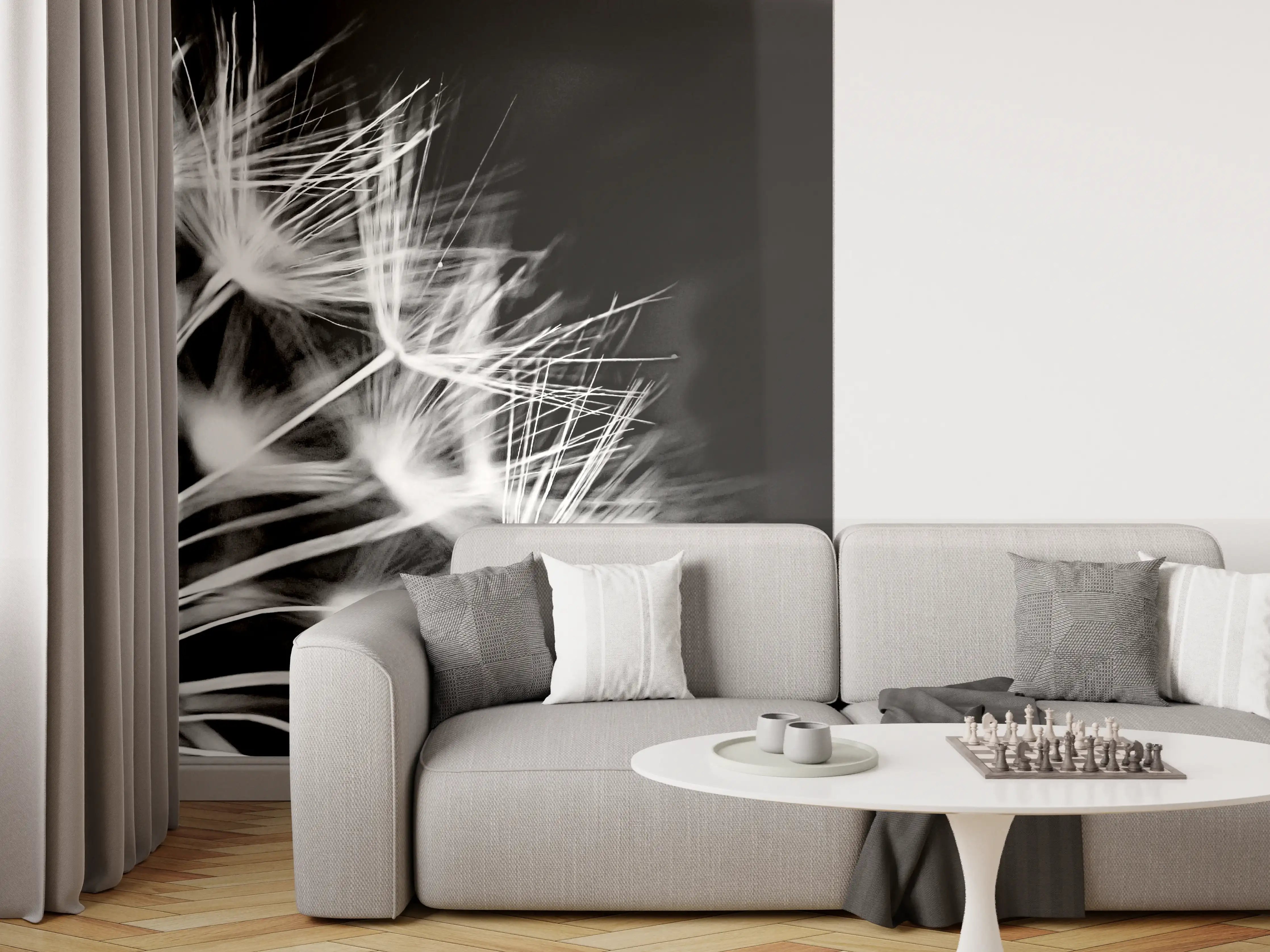 Wandverkleidung Wohnzimmer - Pusteblumen schwarz-weiß Hintergrund