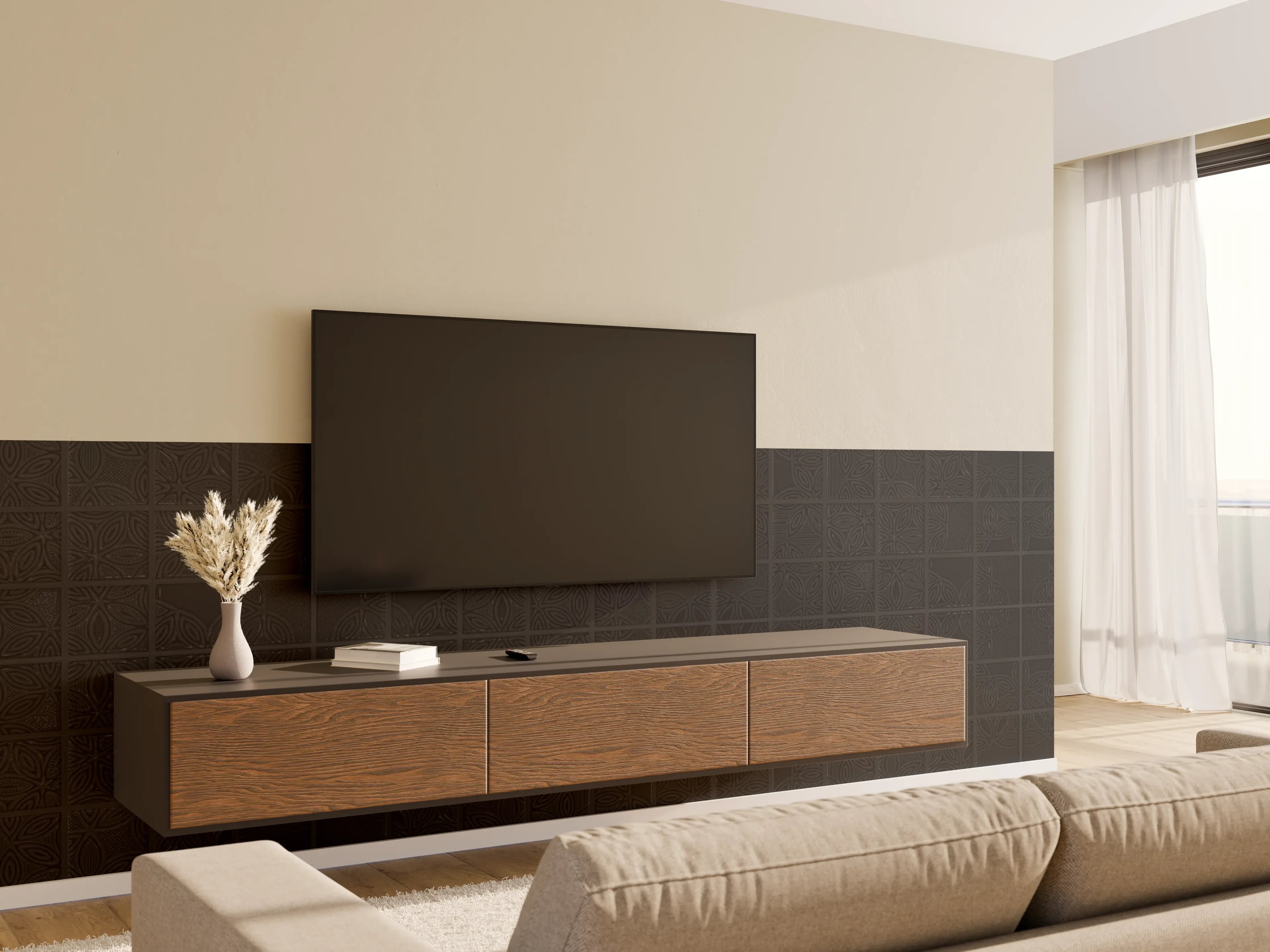 Wandverkleidung Wohnzimmer - Quadratische schwarze Fliesen