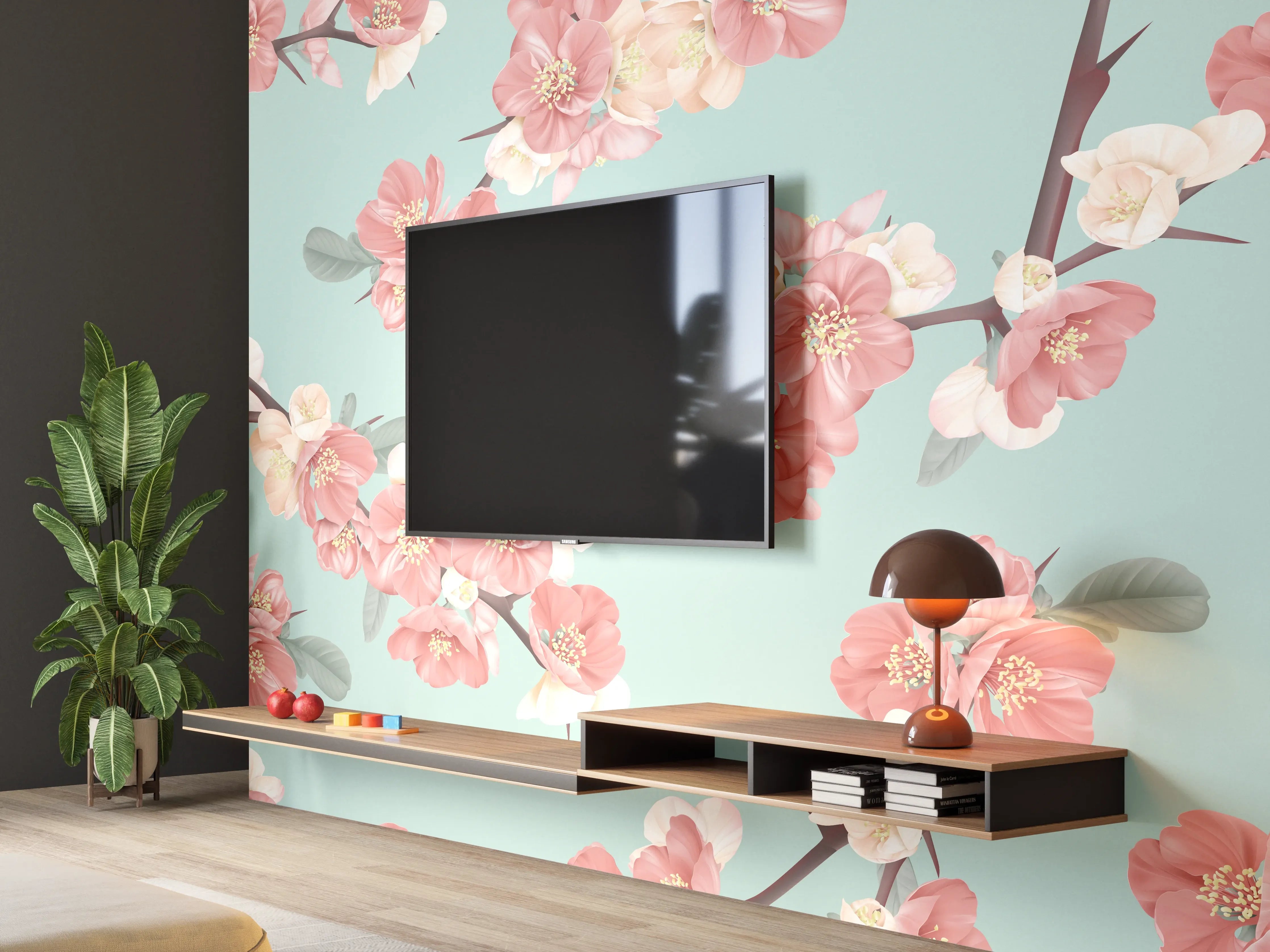 Wandverkleidung Wohnzimmer - Quittenblüte Pastell Vintagemuster