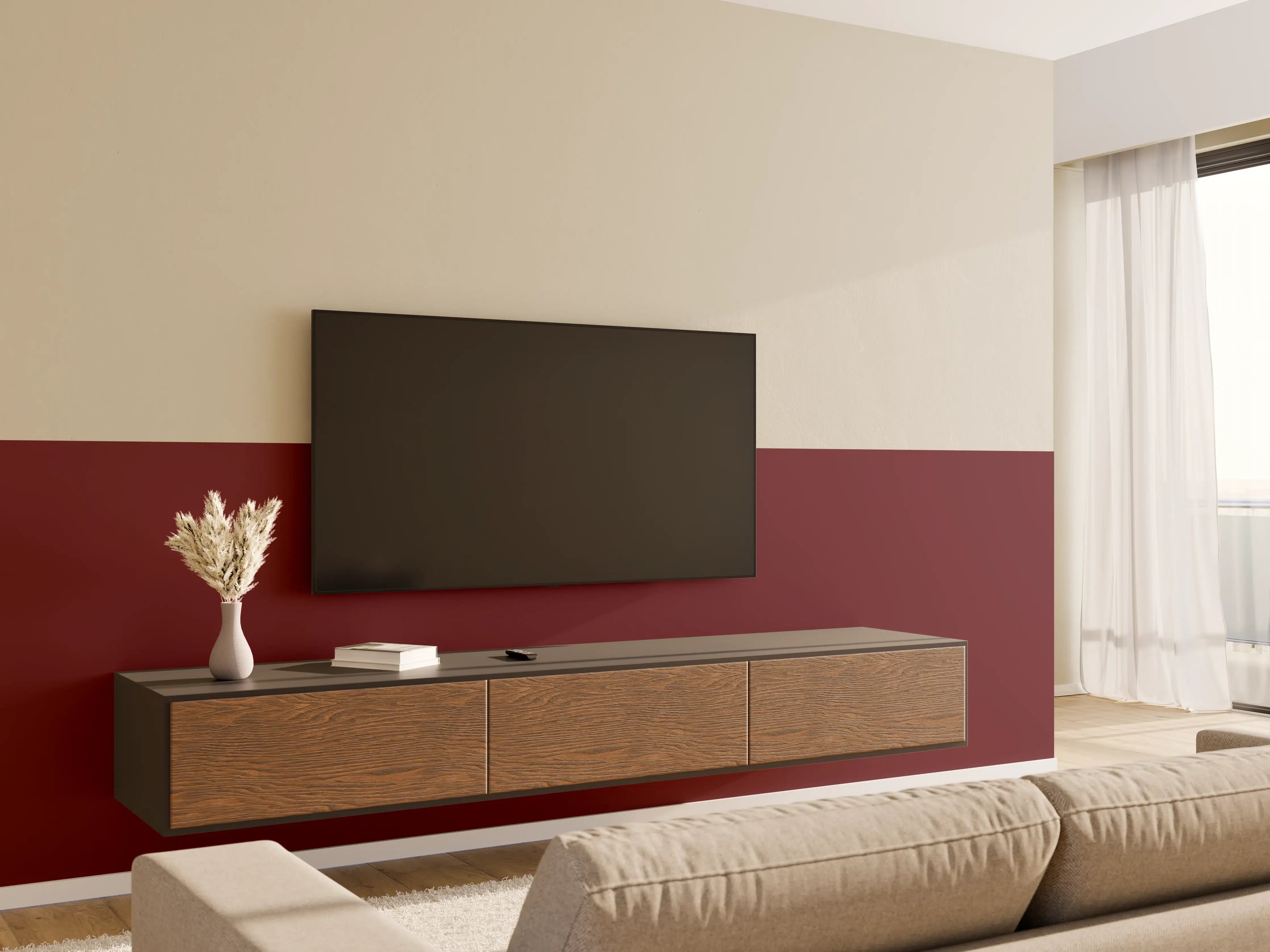 Wandverkleidung Wohnzimmer - RAL 3005 (Weinrot)