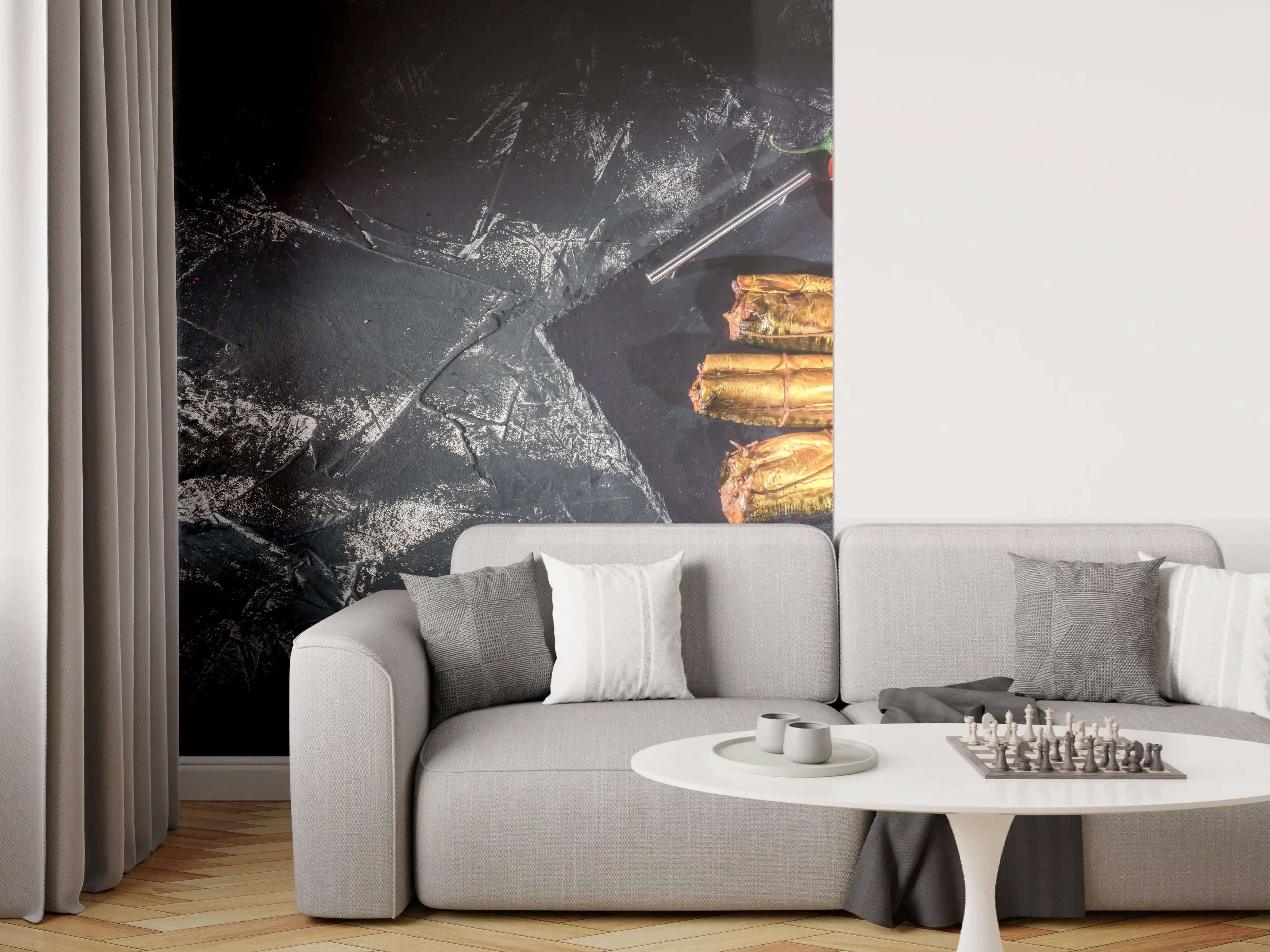 Wandverkleidung Wohnzimmer - Räucherfisch auf dunklem Schiefer