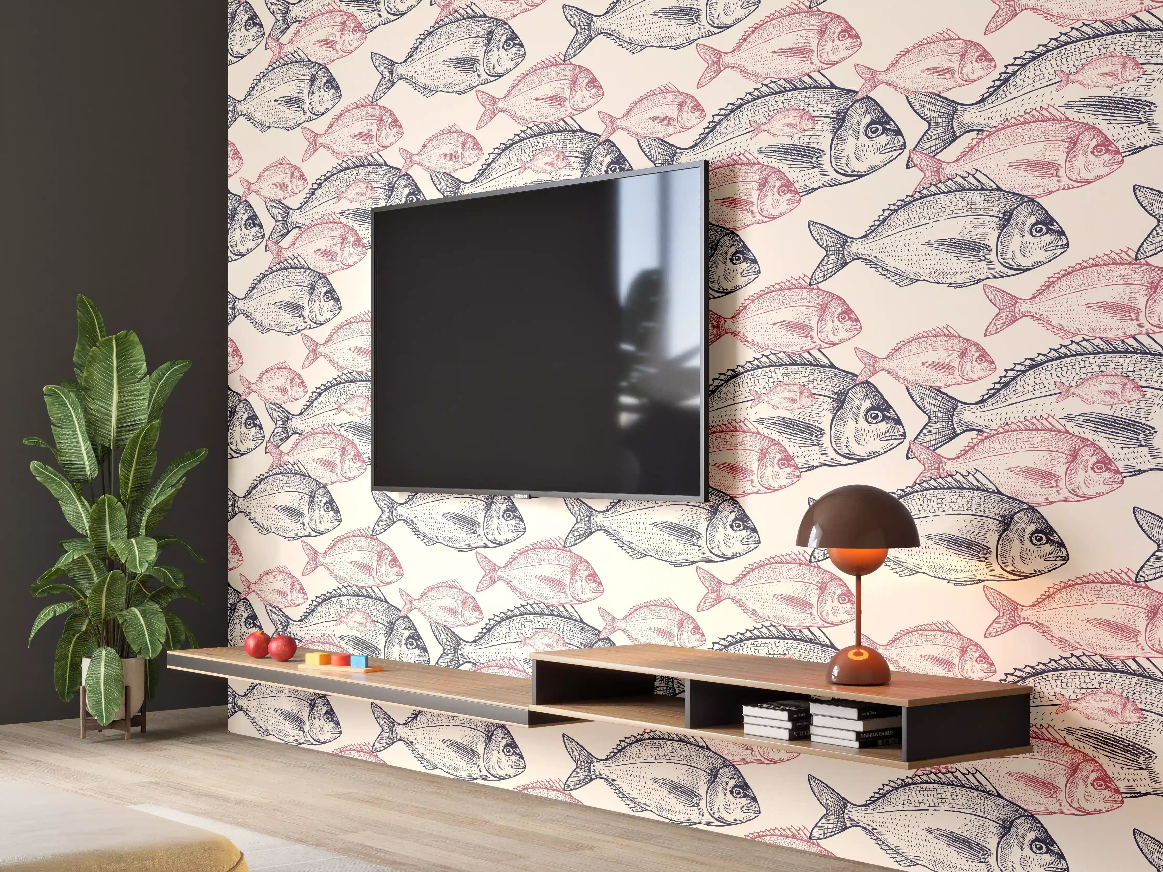 Wandverkleidung Wohnzimmer - Realistisches Fischmuster Rosa-Grau