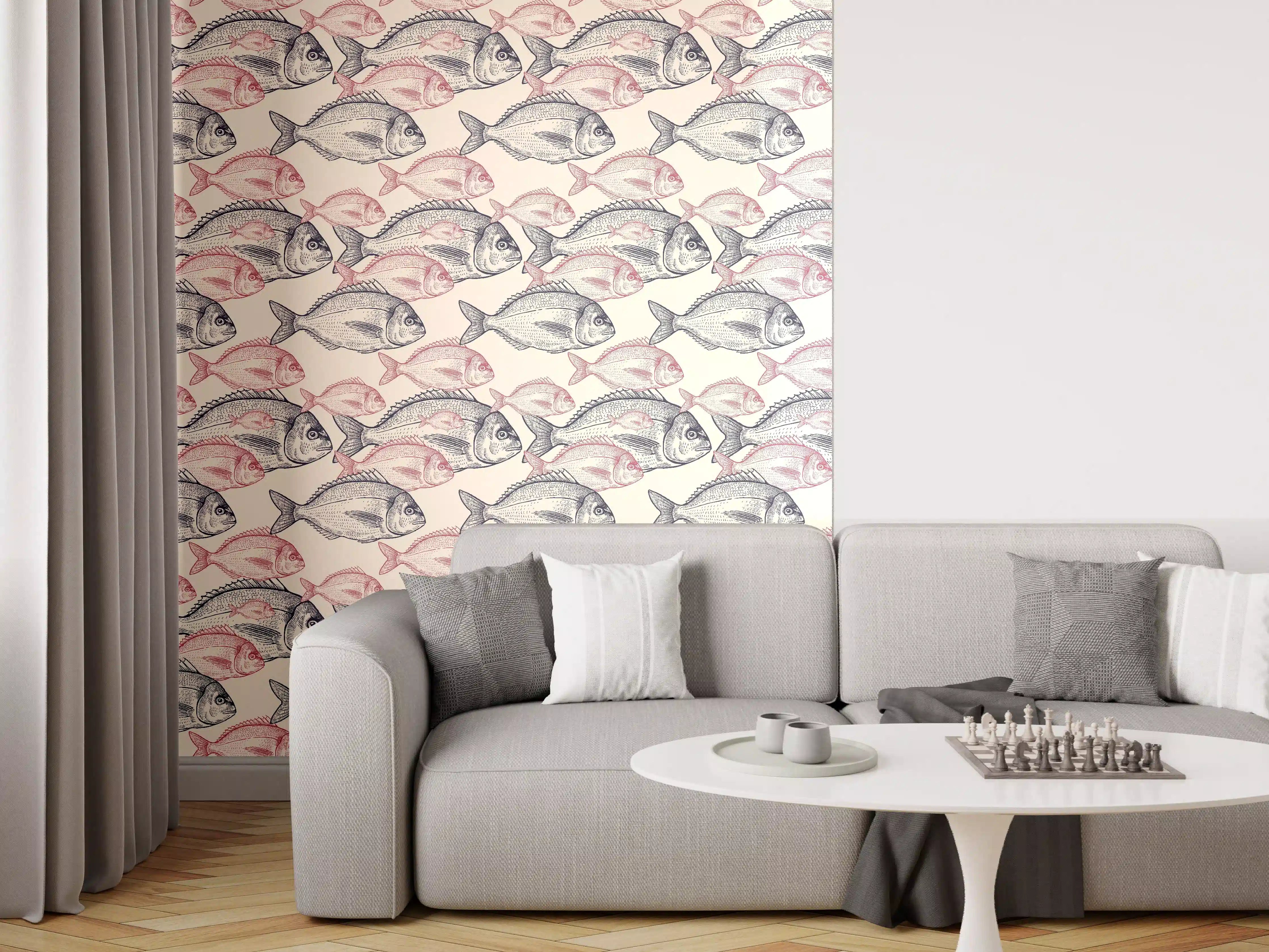 Wandverkleidung Wohnzimmer - Realistisches Fischmuster Rosa-Grau