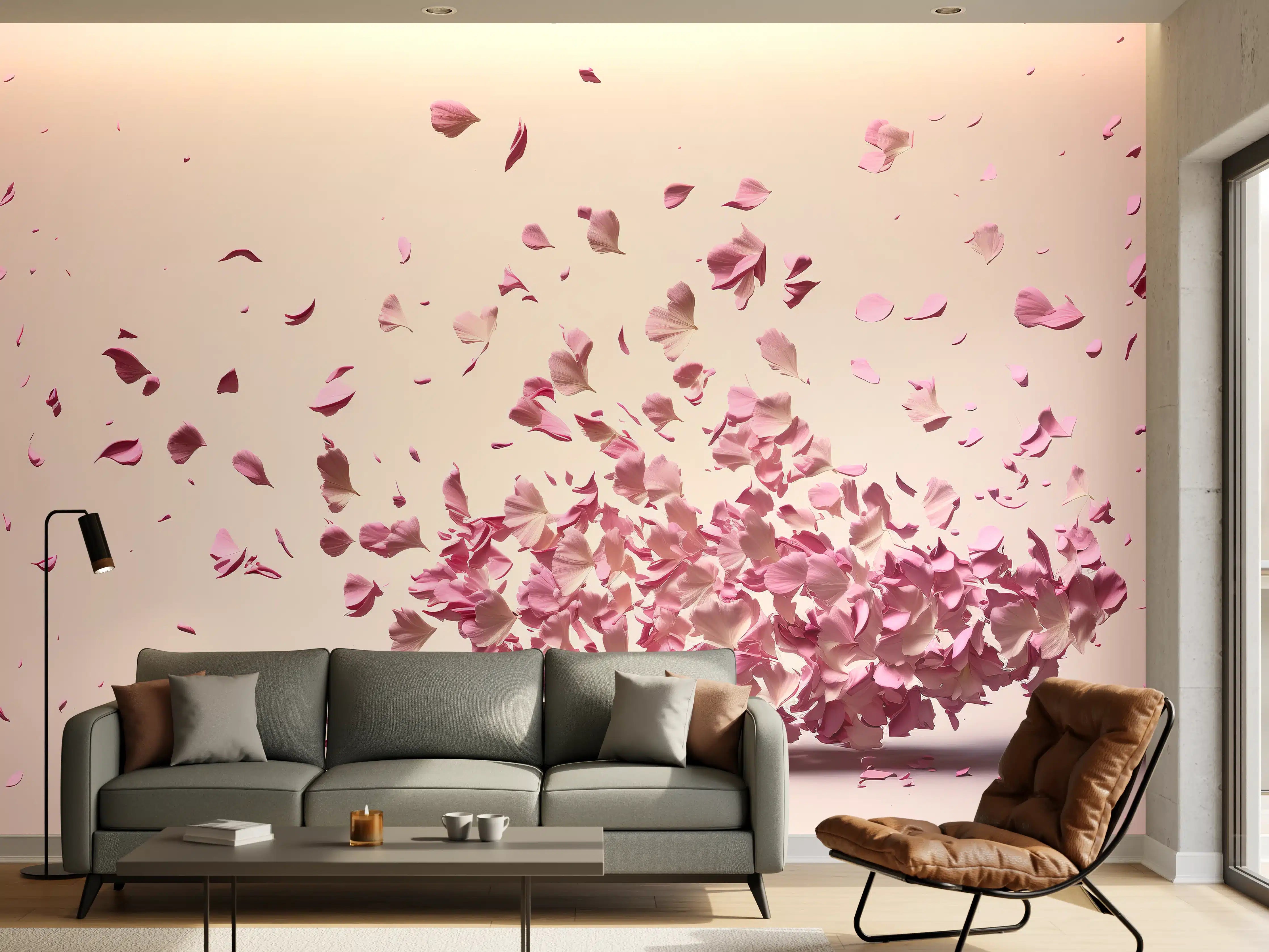 Wandverkleidung Wohnzimmer - Romantische Blütenblätter im Wind