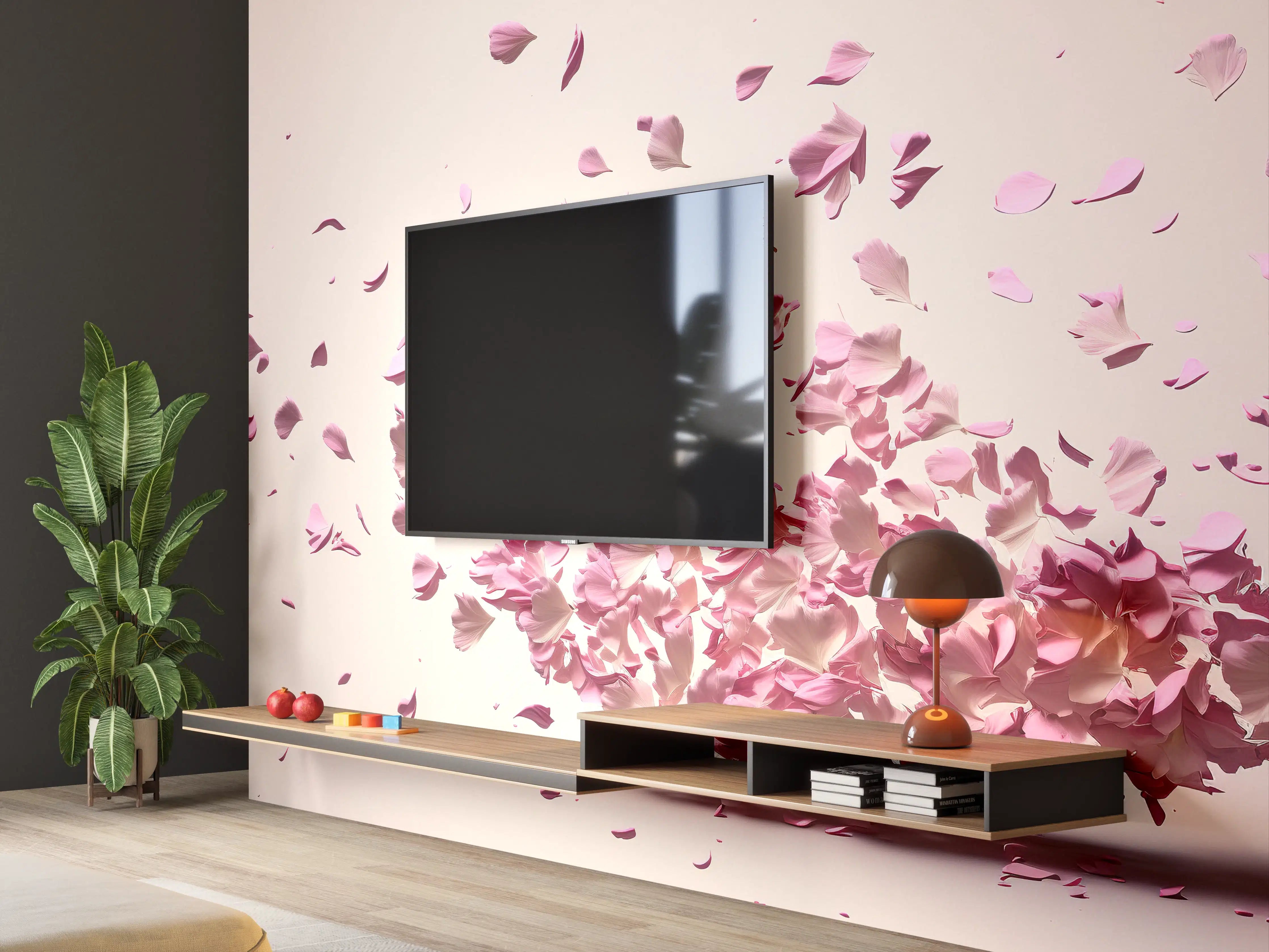 Wandverkleidung Wohnzimmer - Romantische Blütenblätter im Wind