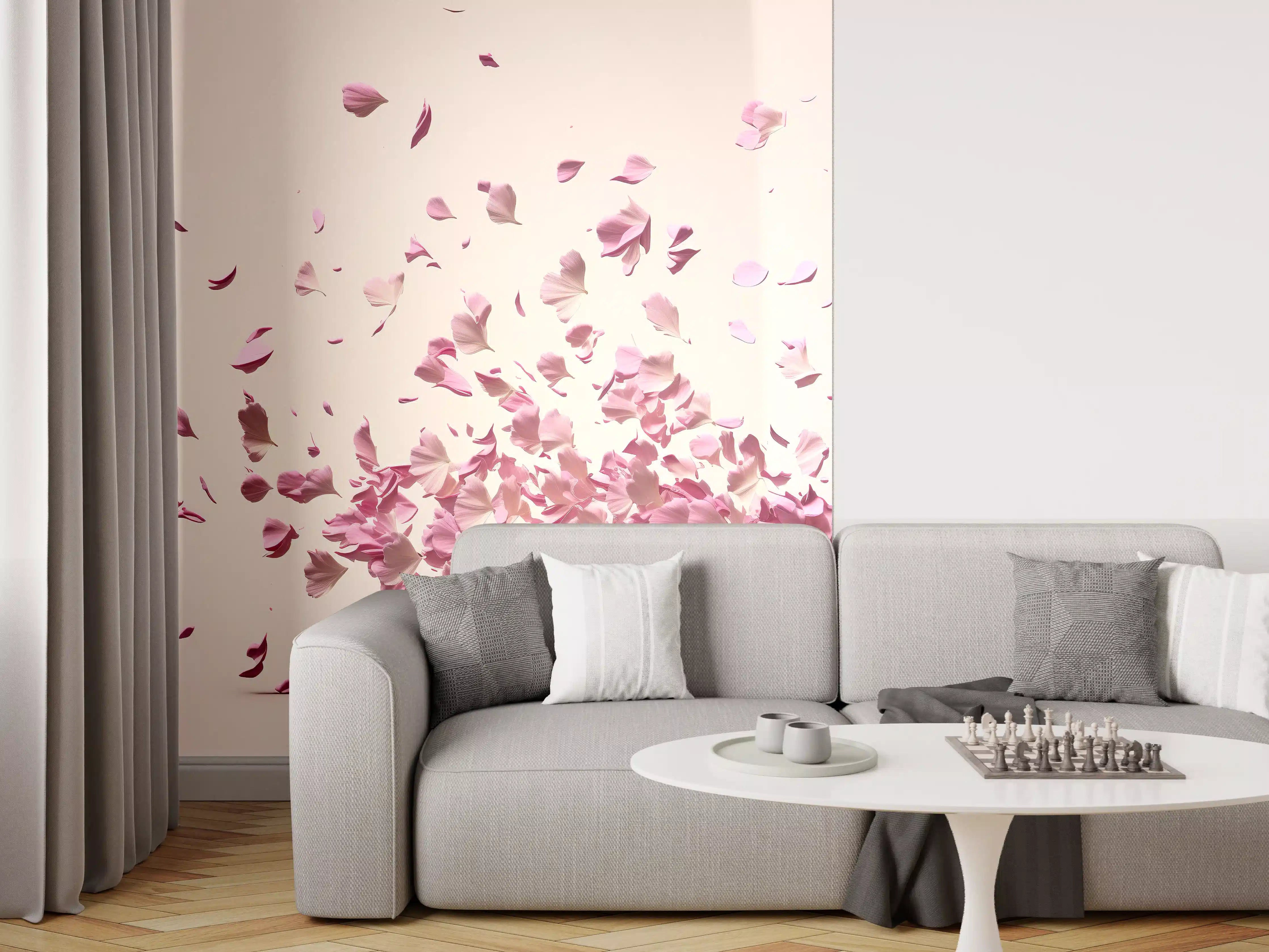 Wandverkleidung Wohnzimmer - Romantische Blütenblätter im Wind
