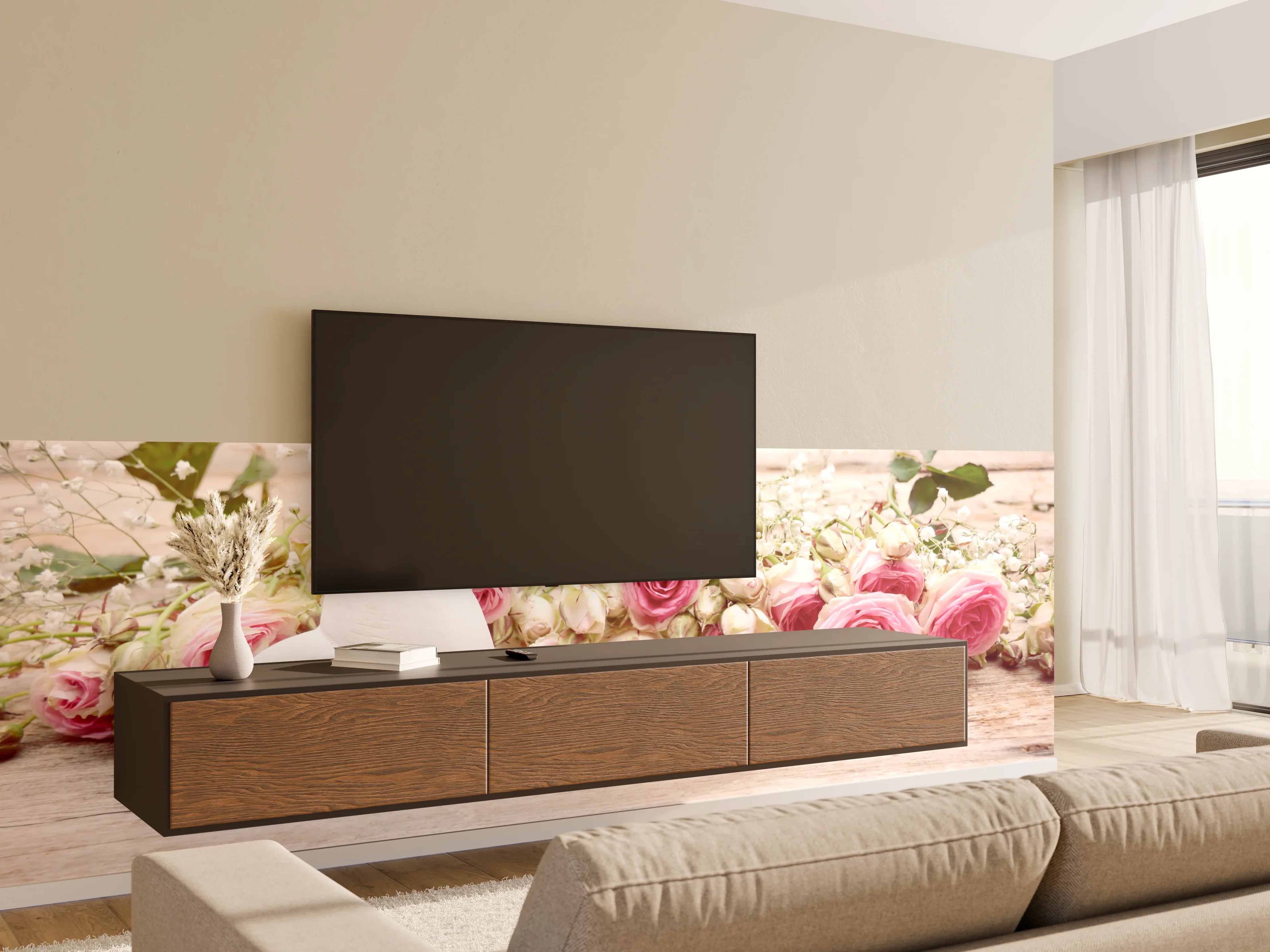 Wandverkleidung Wohnzimmer - Romantische Blumen mit Herz