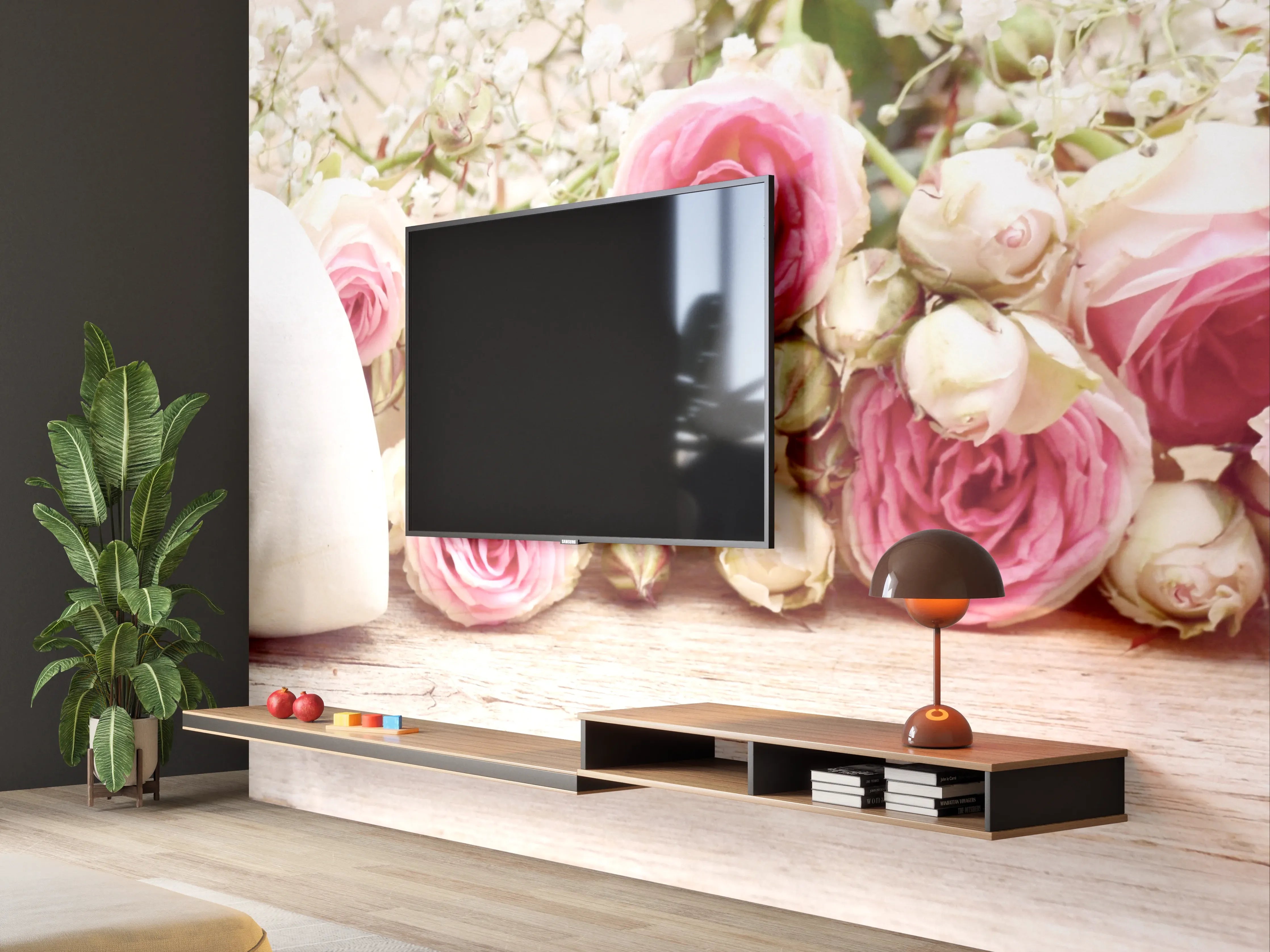 Wandverkleidung Wohnzimmer - Romantische Blumen mit Herz