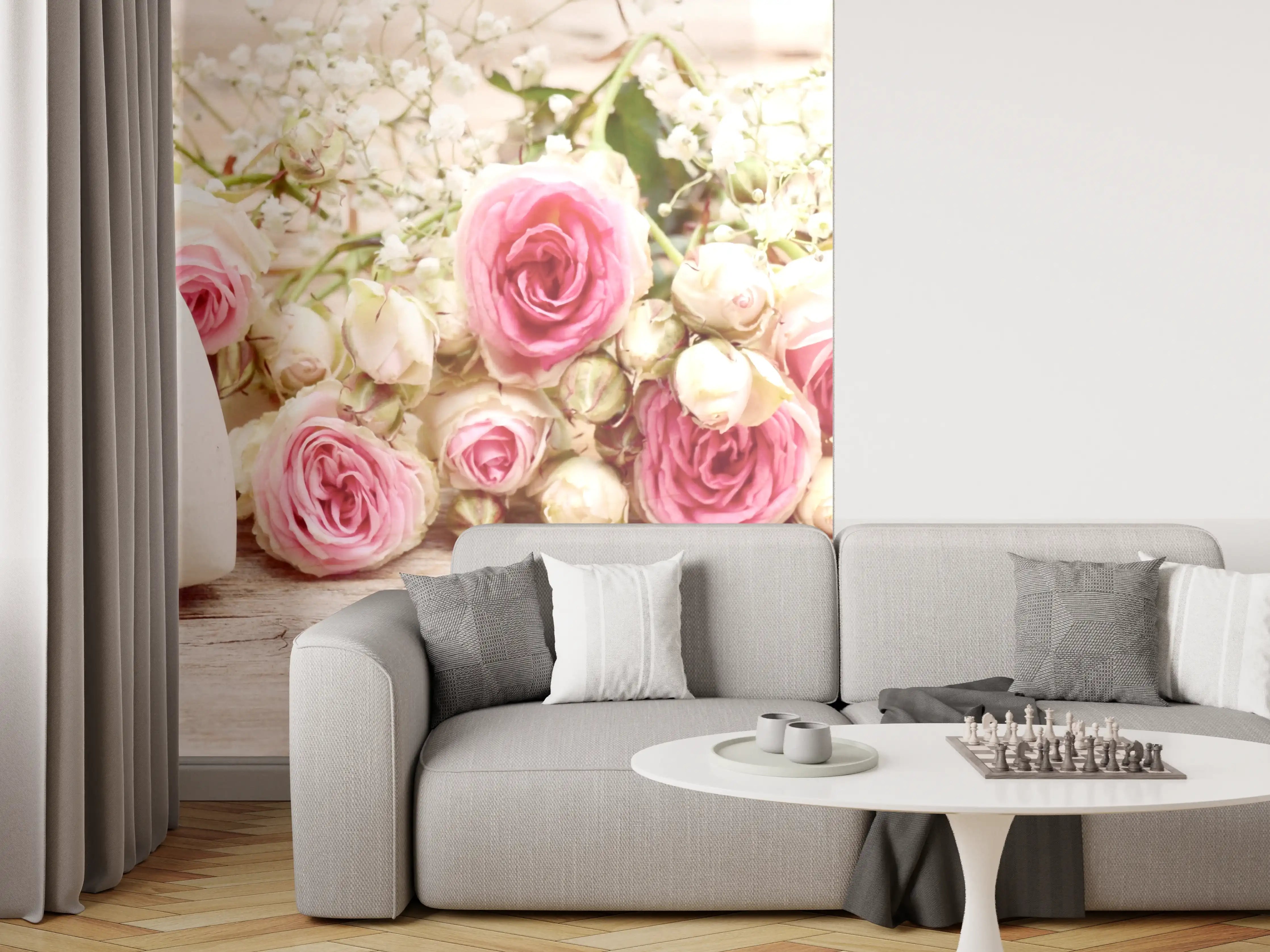 Wandverkleidung Wohnzimmer - Romantische Blumen mit Herz