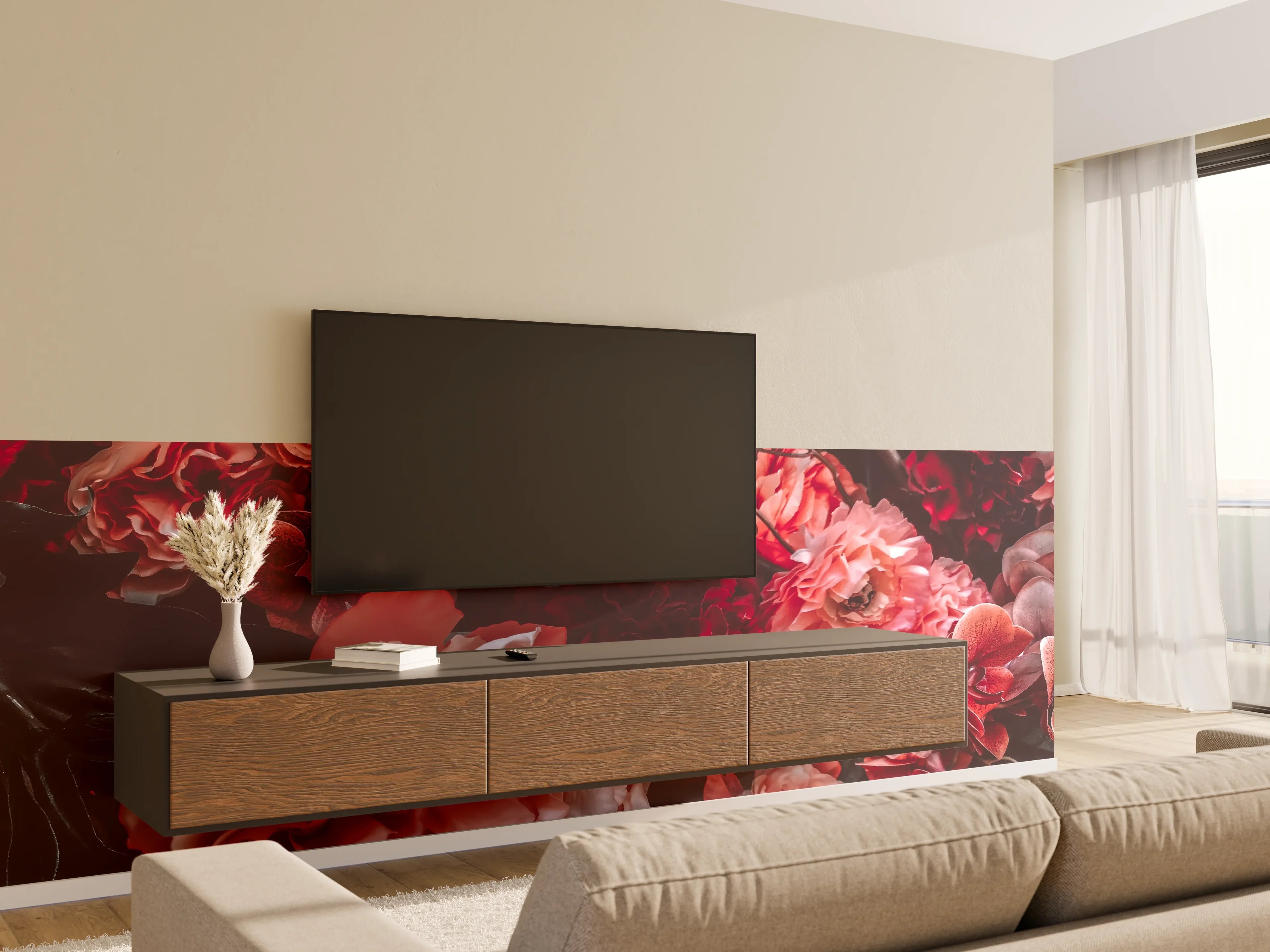 Wandverkleidung Wohnzimmer - Romantische Blumenpracht in Rot