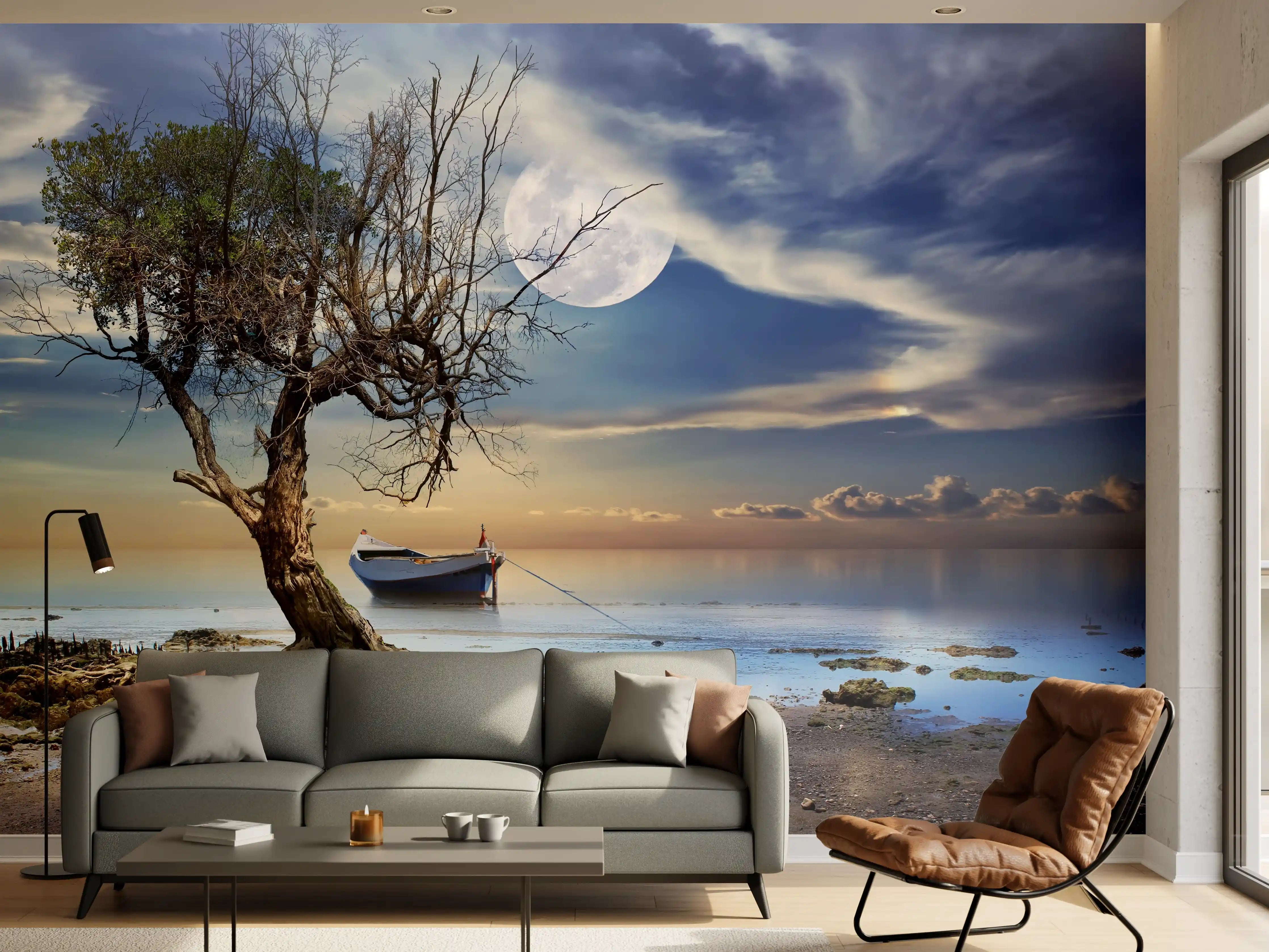 Wandverkleidung Wohnzimmer - Romantische Küstenlandschaft bei Nacht