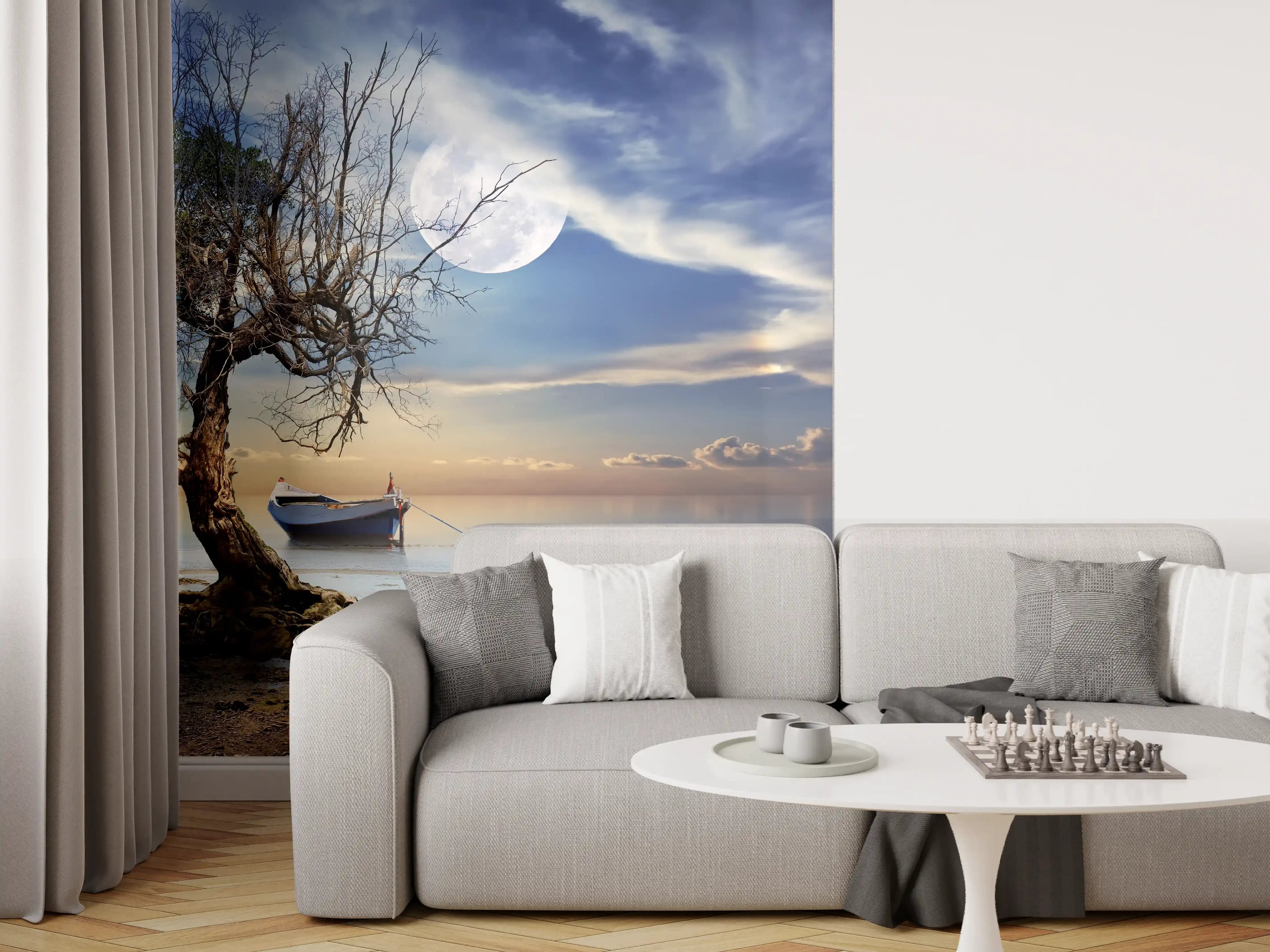Wandverkleidung Wohnzimmer - Romantische Küstenlandschaft bei Nacht