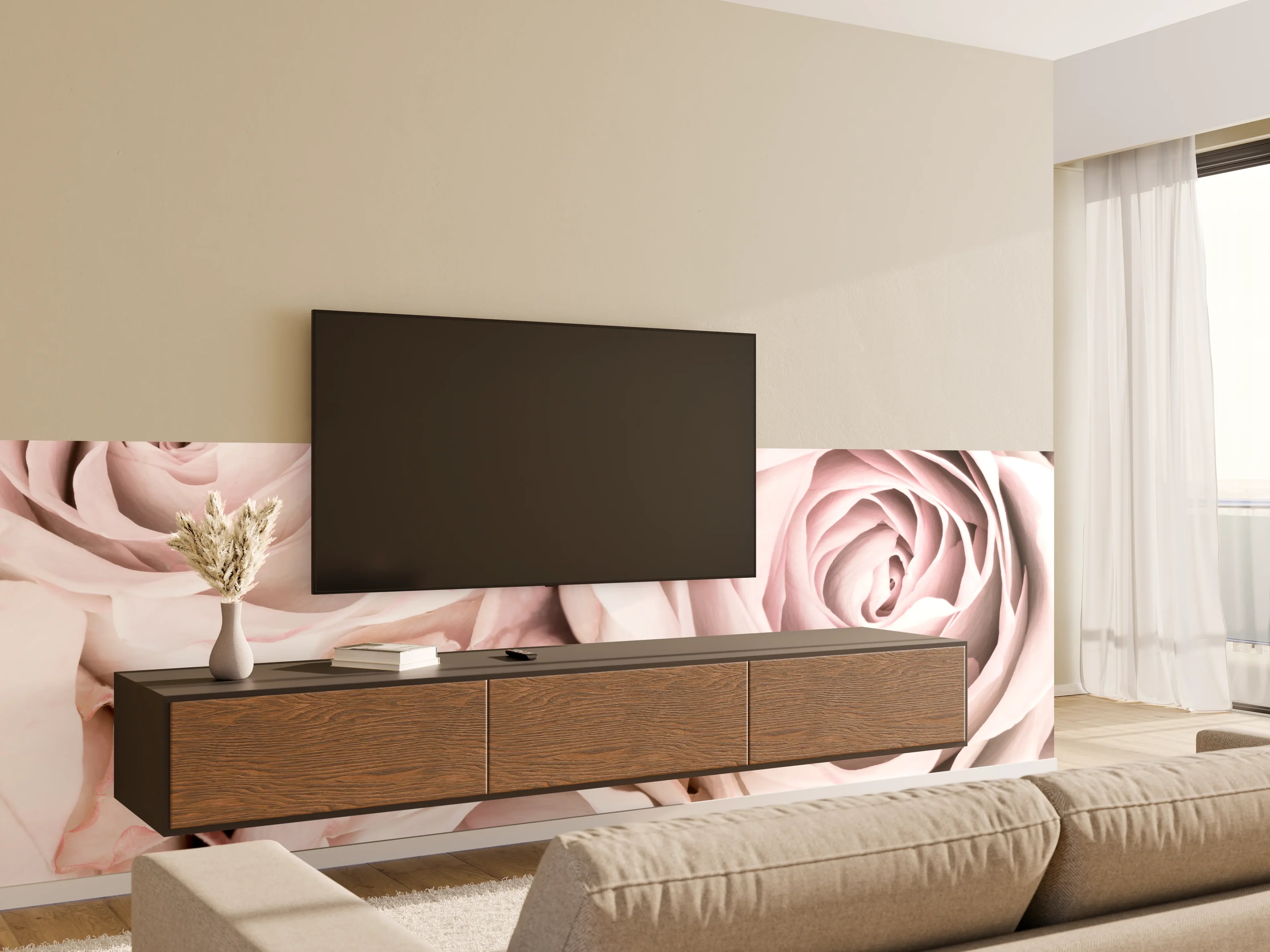 Wandverkleidung Wohnzimmer - Romantische rosafarbene Rosen