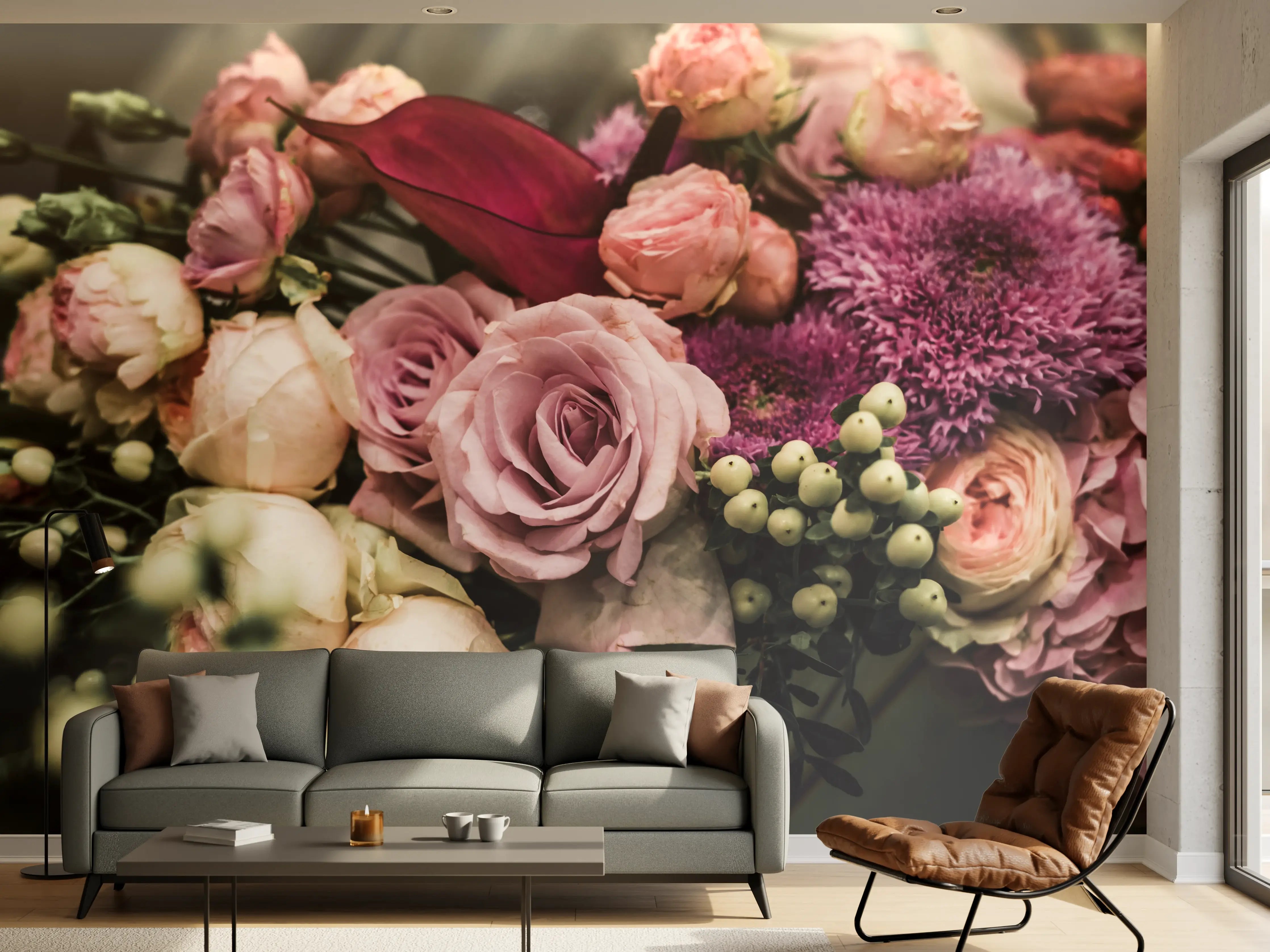 Wandverkleidung Wohnzimmer - Romantischer Blumenstrauß in sanften Tönen