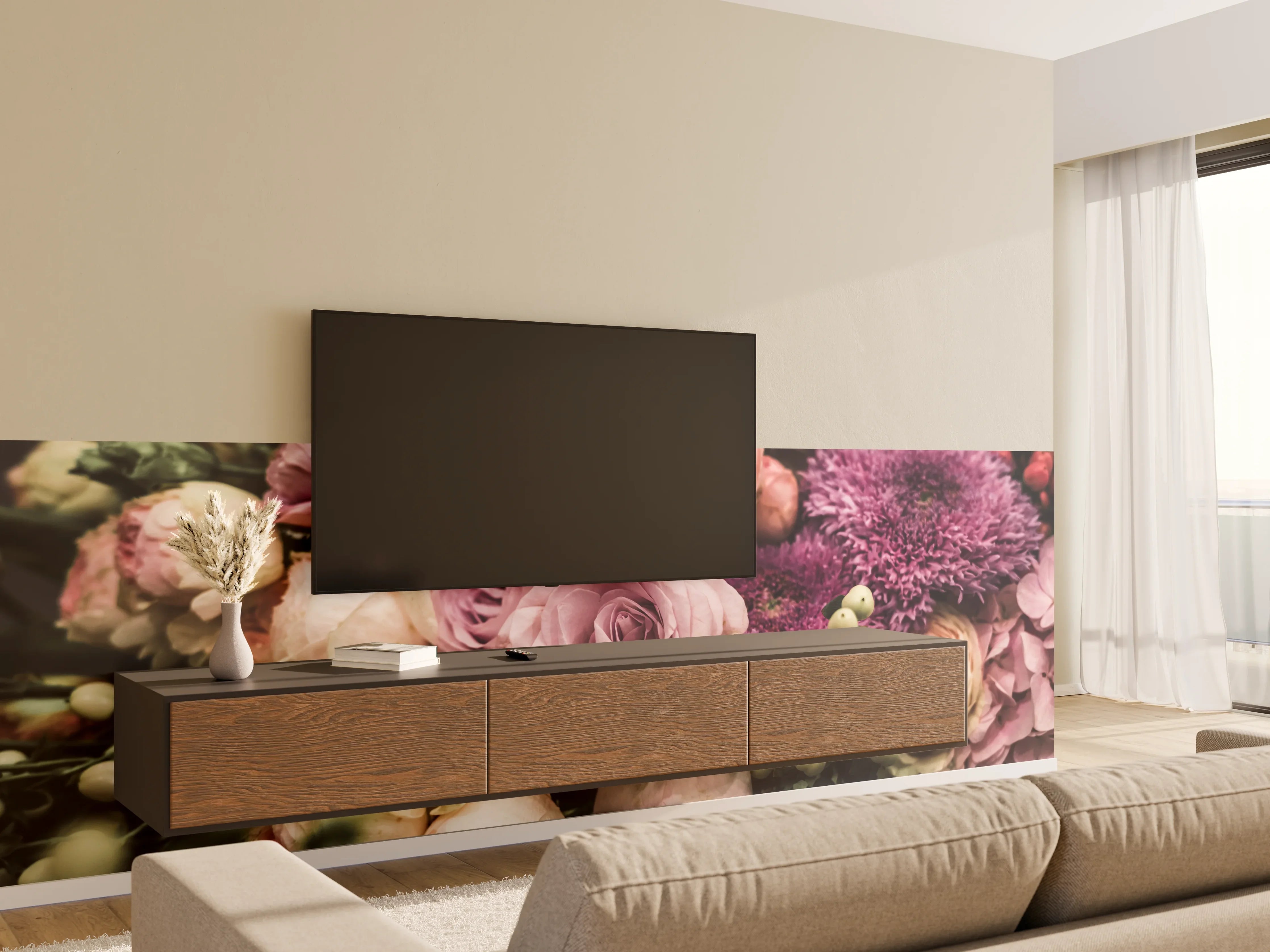 Wandverkleidung Wohnzimmer - Romantischer Blumenstrauß in sanften Tönen