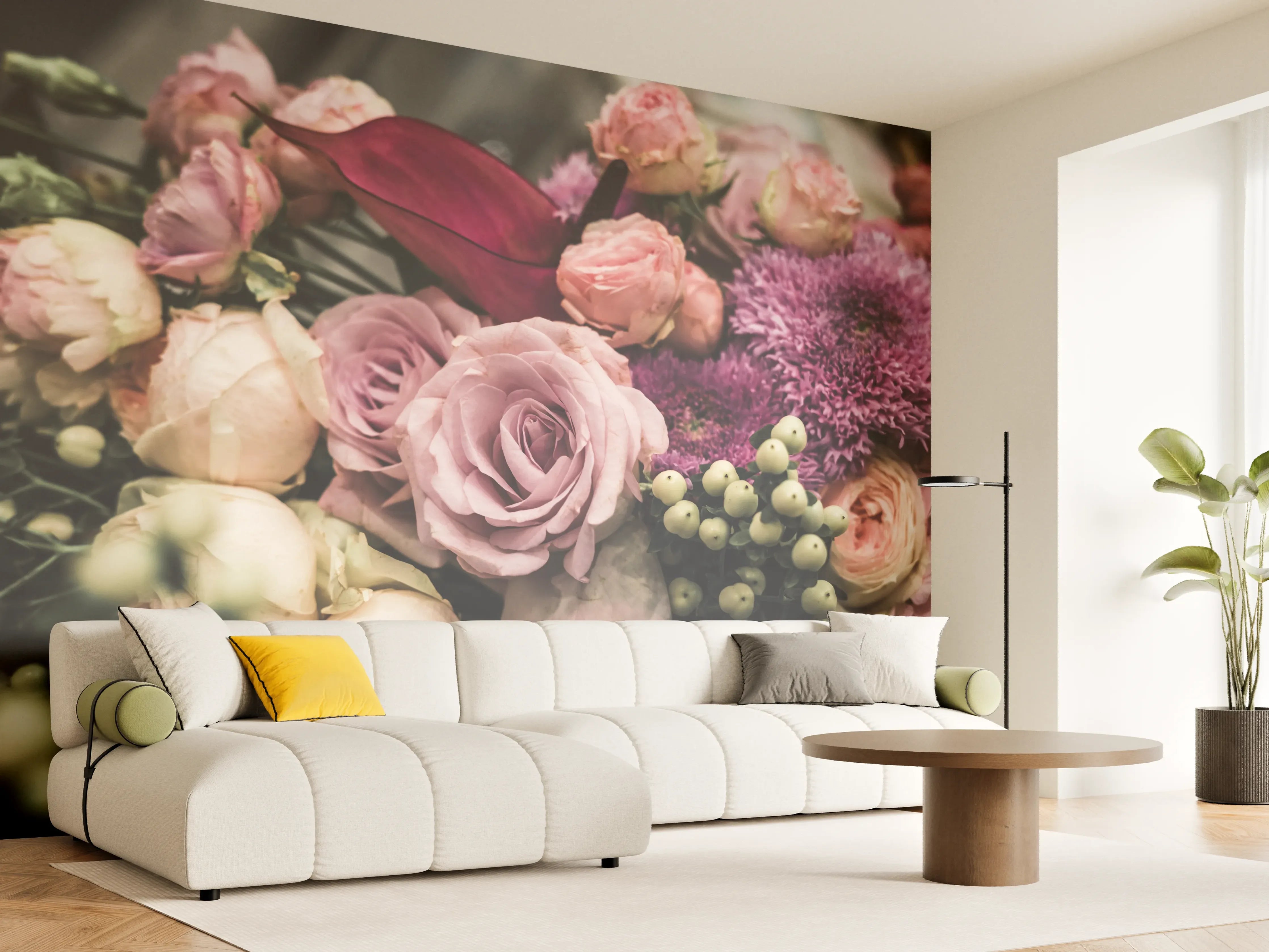 Wandverkleidung Wohnzimmer - Romantischer Blumenstrauß in sanften Tönen