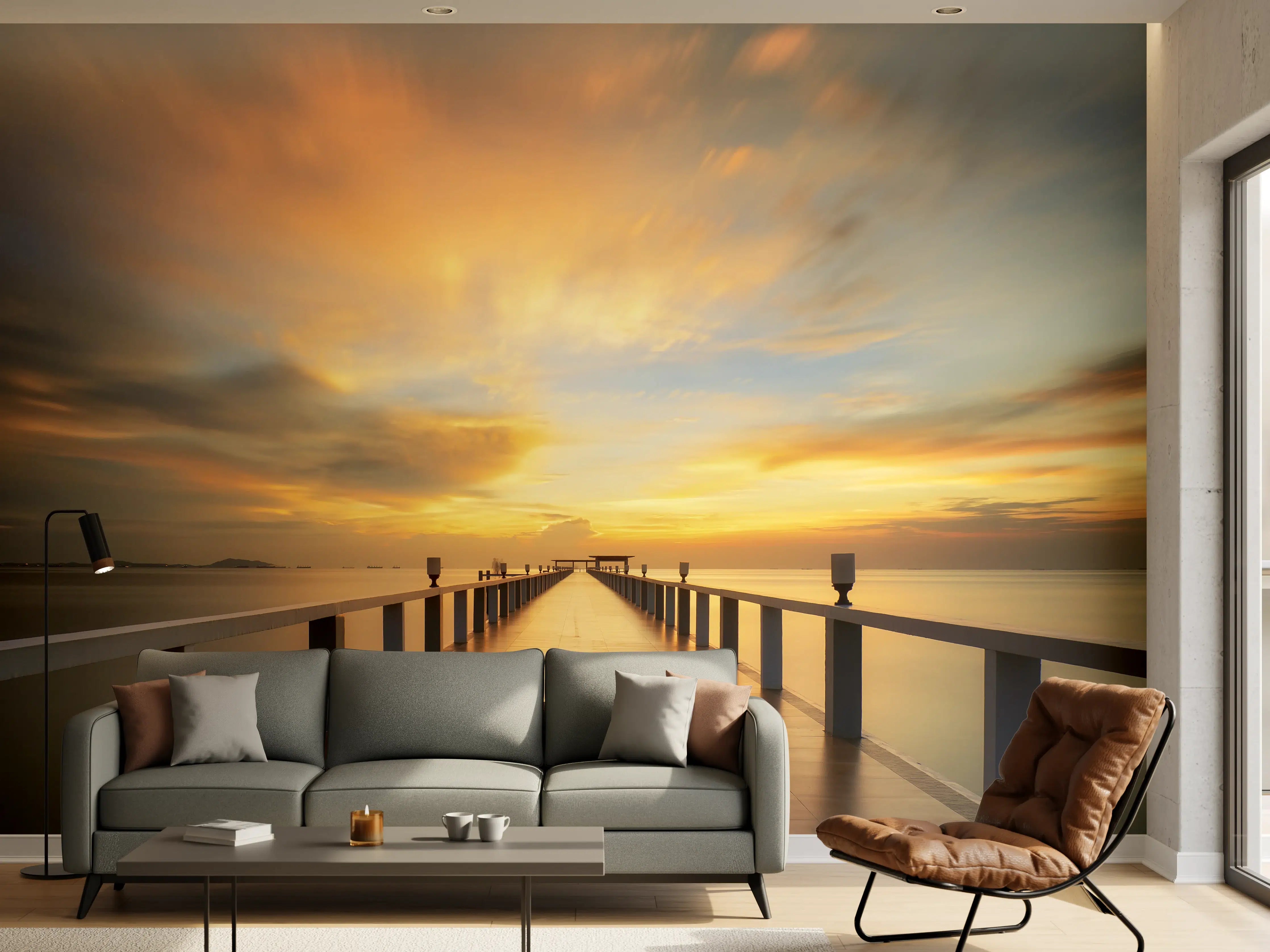 Wandverkleidung Wohnzimmer - Romantischer Sonnenuntergang am Pier