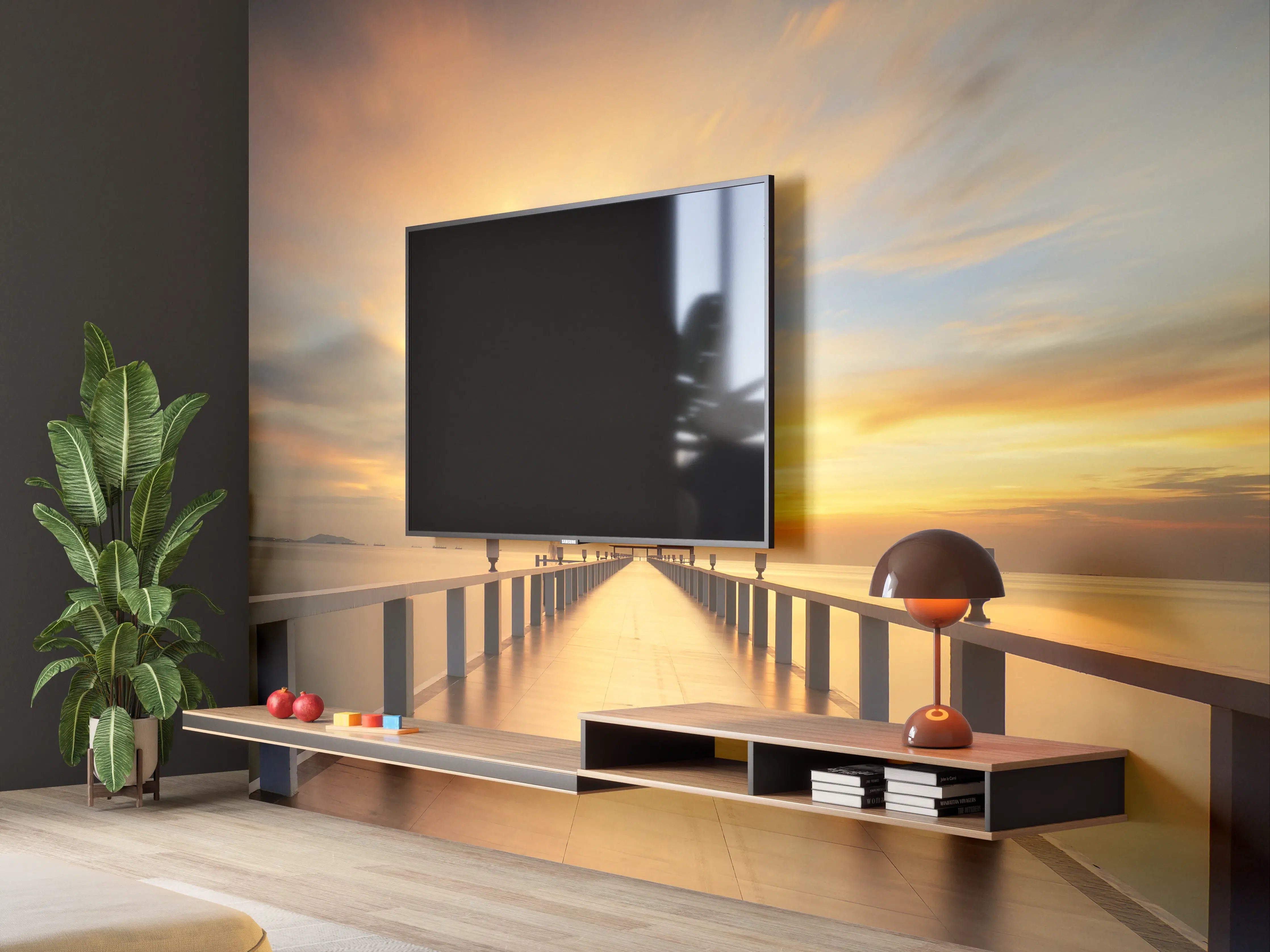 Wandverkleidung Wohnzimmer - Romantischer Sonnenuntergang am Pier