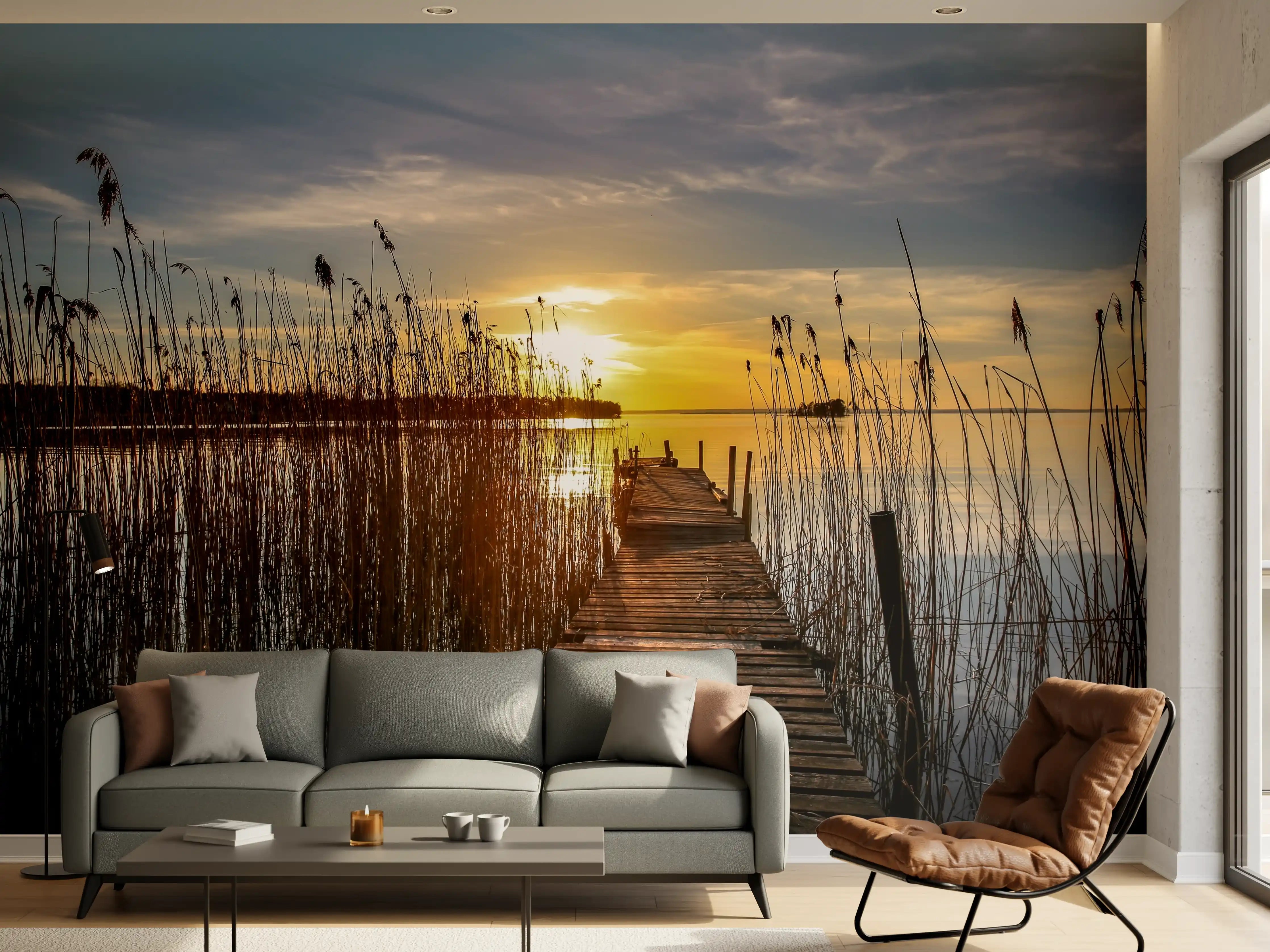 Wandverkleidung Wohnzimmer - Romantischer Sonnenuntergang am Steg