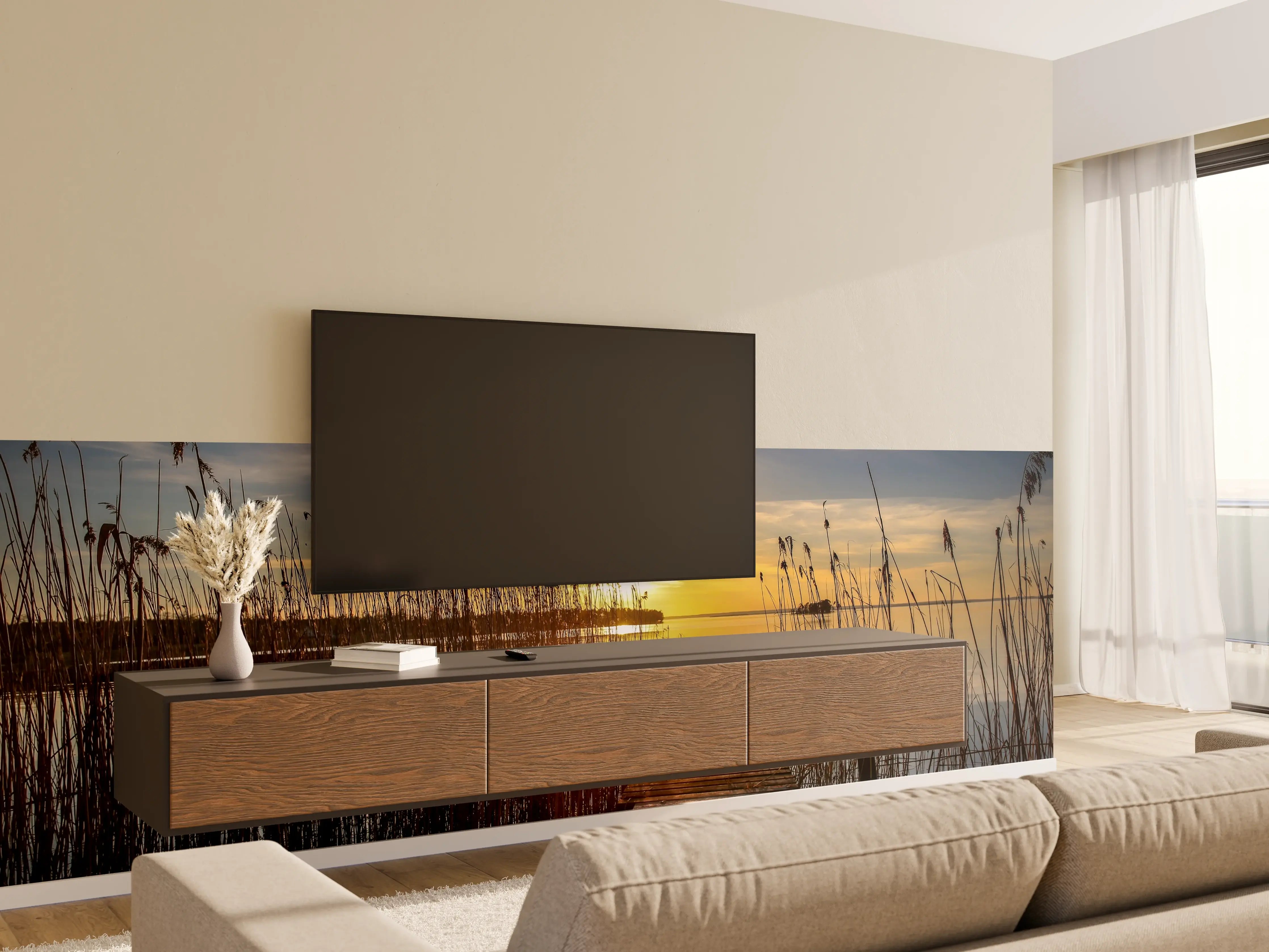 Wandverkleidung Wohnzimmer - Romantischer Sonnenuntergang am Steg