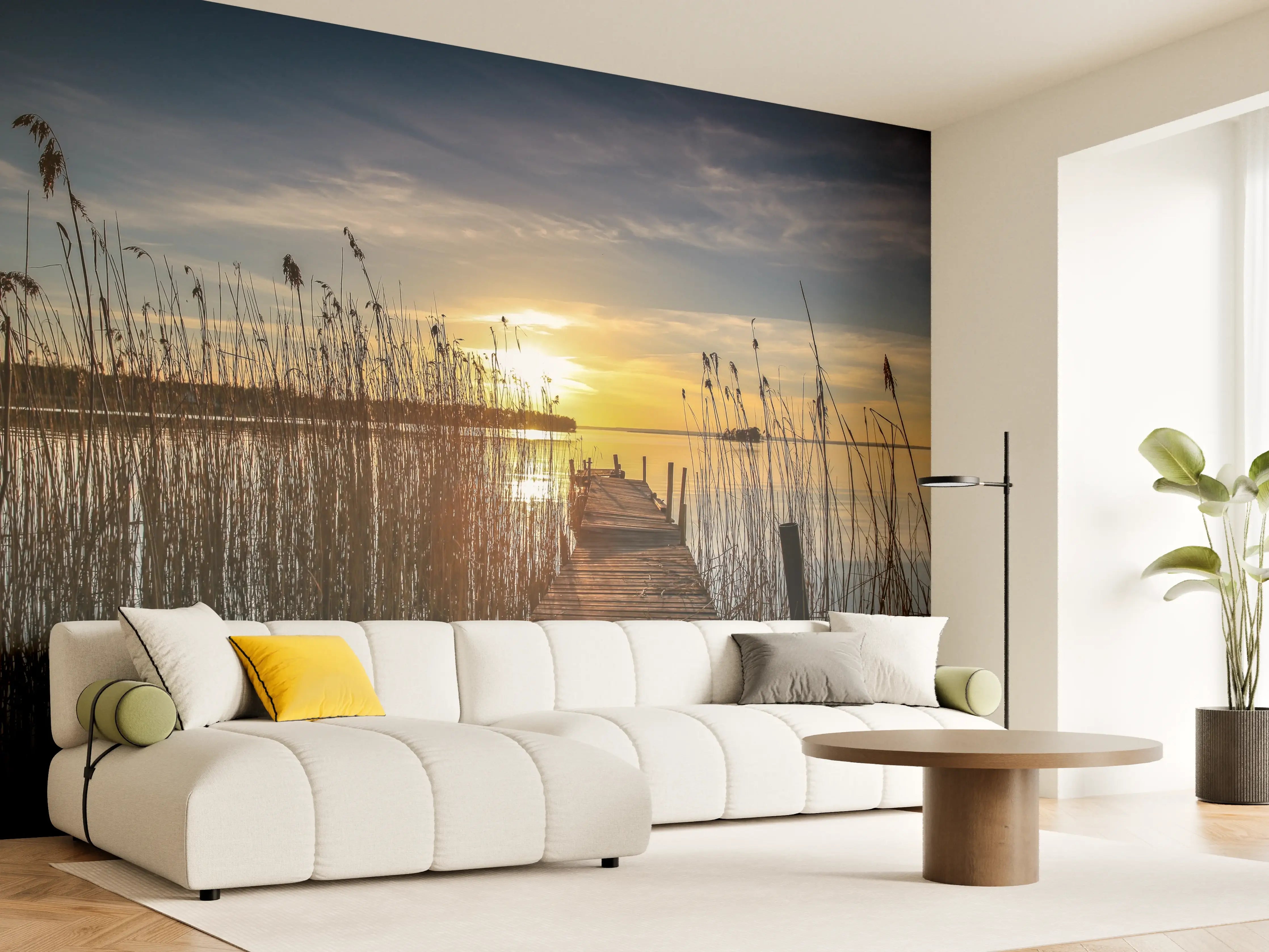 Wandverkleidung Wohnzimmer - Romantischer Sonnenuntergang am Steg