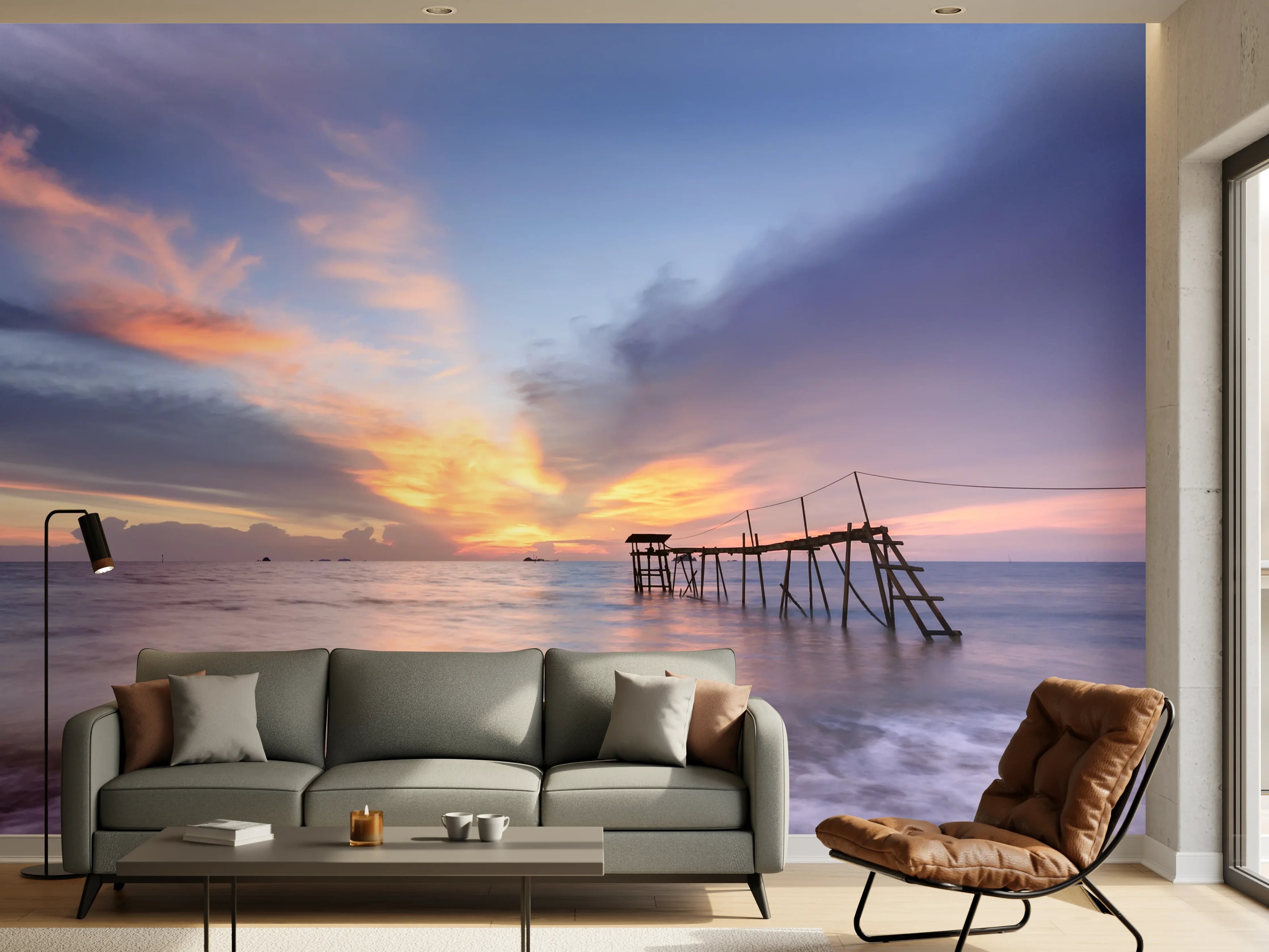 Wandverkleidung Wohnzimmer - Romantischer Sonnenuntergang über dem Meer mit verfallener Pier
