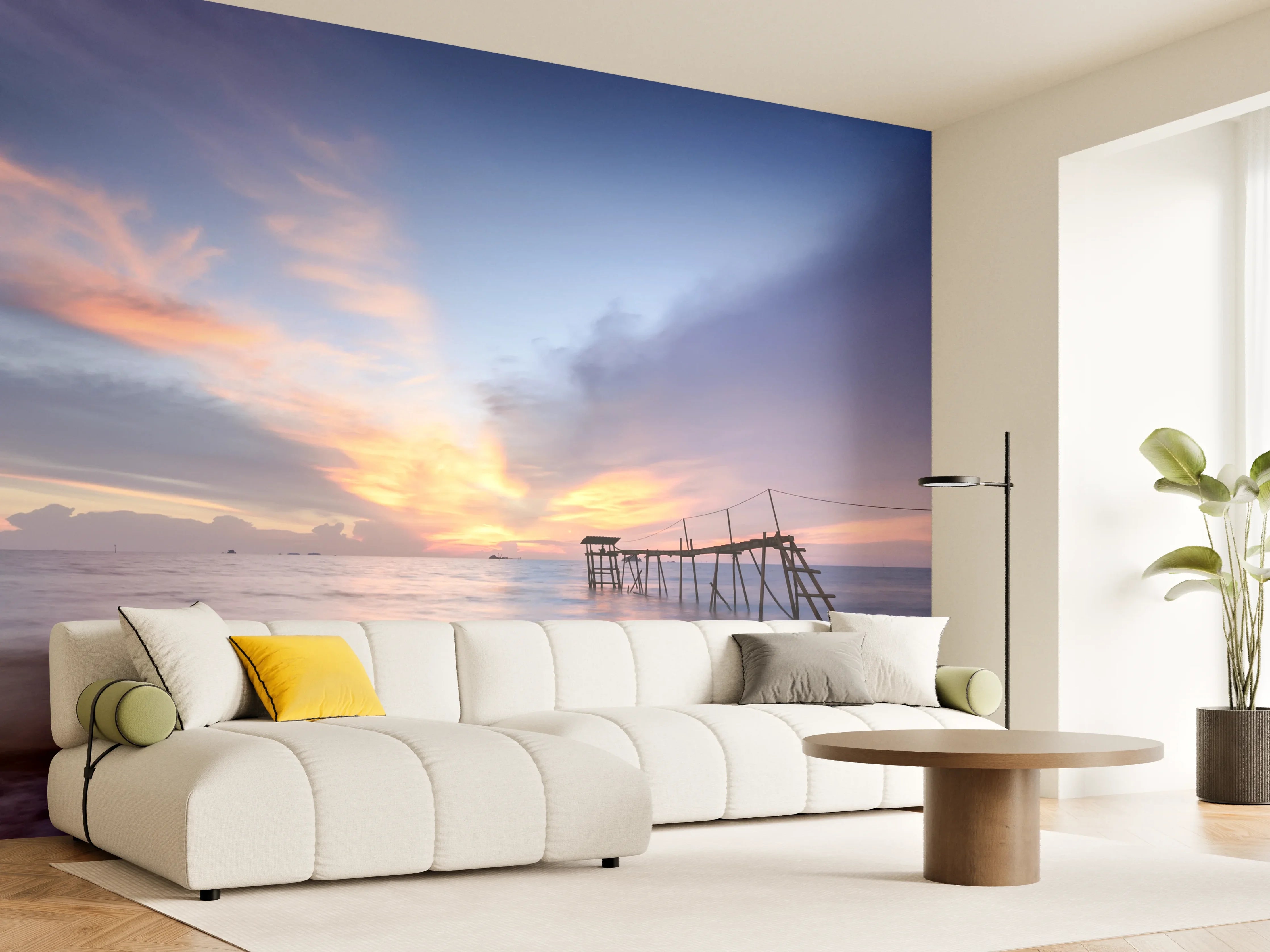 Wandverkleidung Wohnzimmer - Romantischer Sonnenuntergang über dem Meer mit verfallener Pier