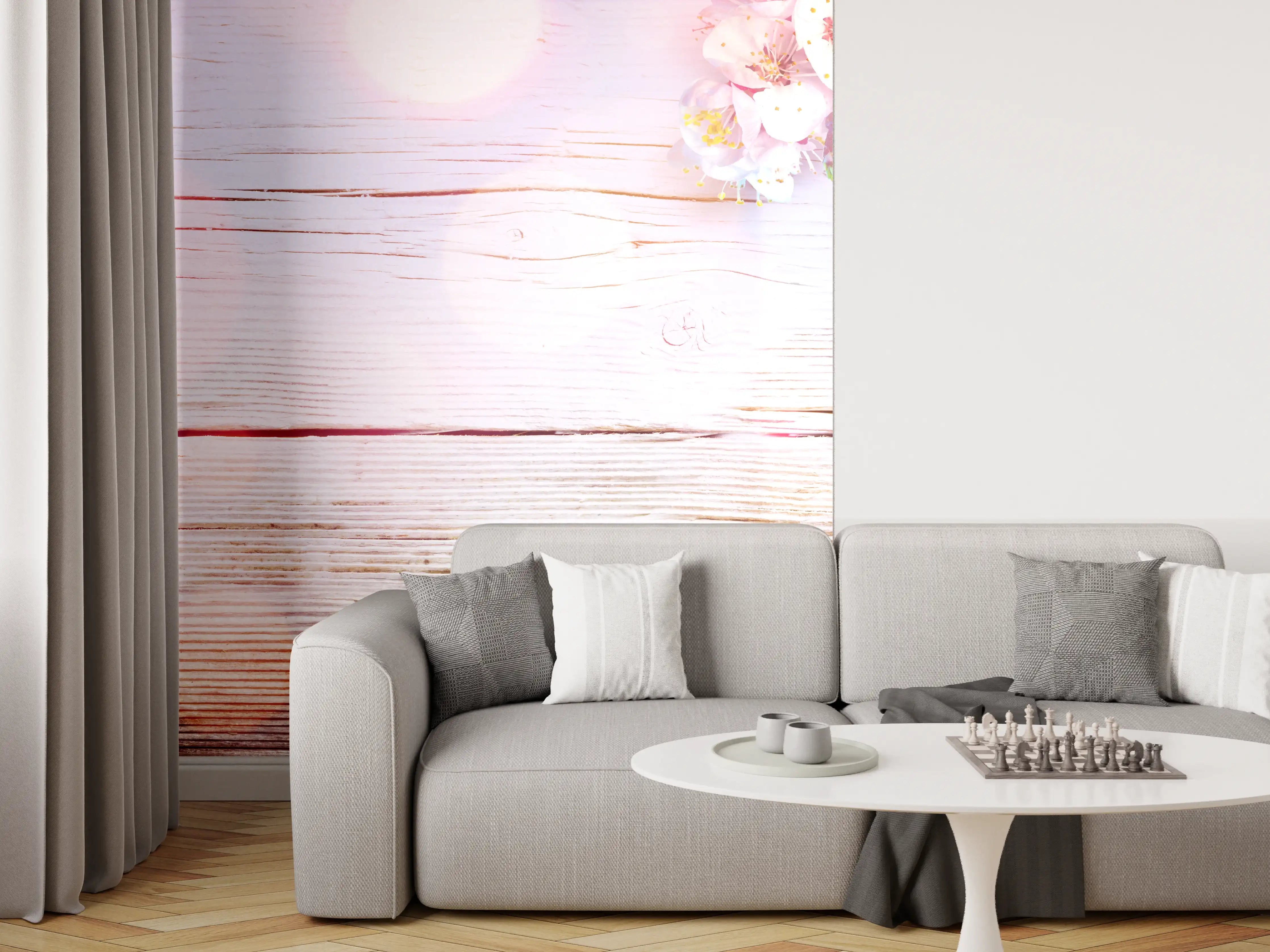 Wandverkleidung Wohnzimmer - Rosa Blüten auf Holzplatte