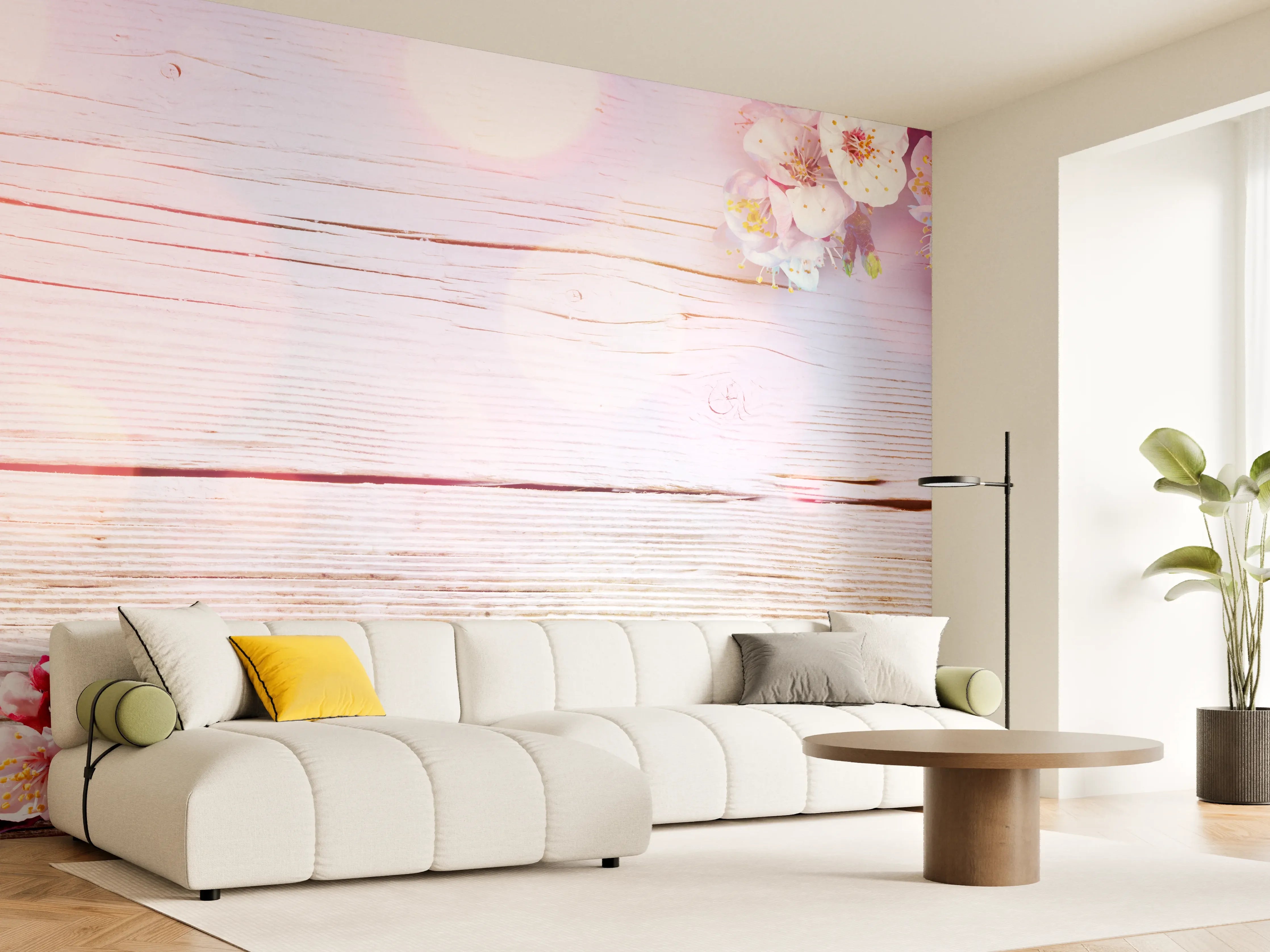 Wandverkleidung Wohnzimmer - Rosa Blüten auf Holzplatte