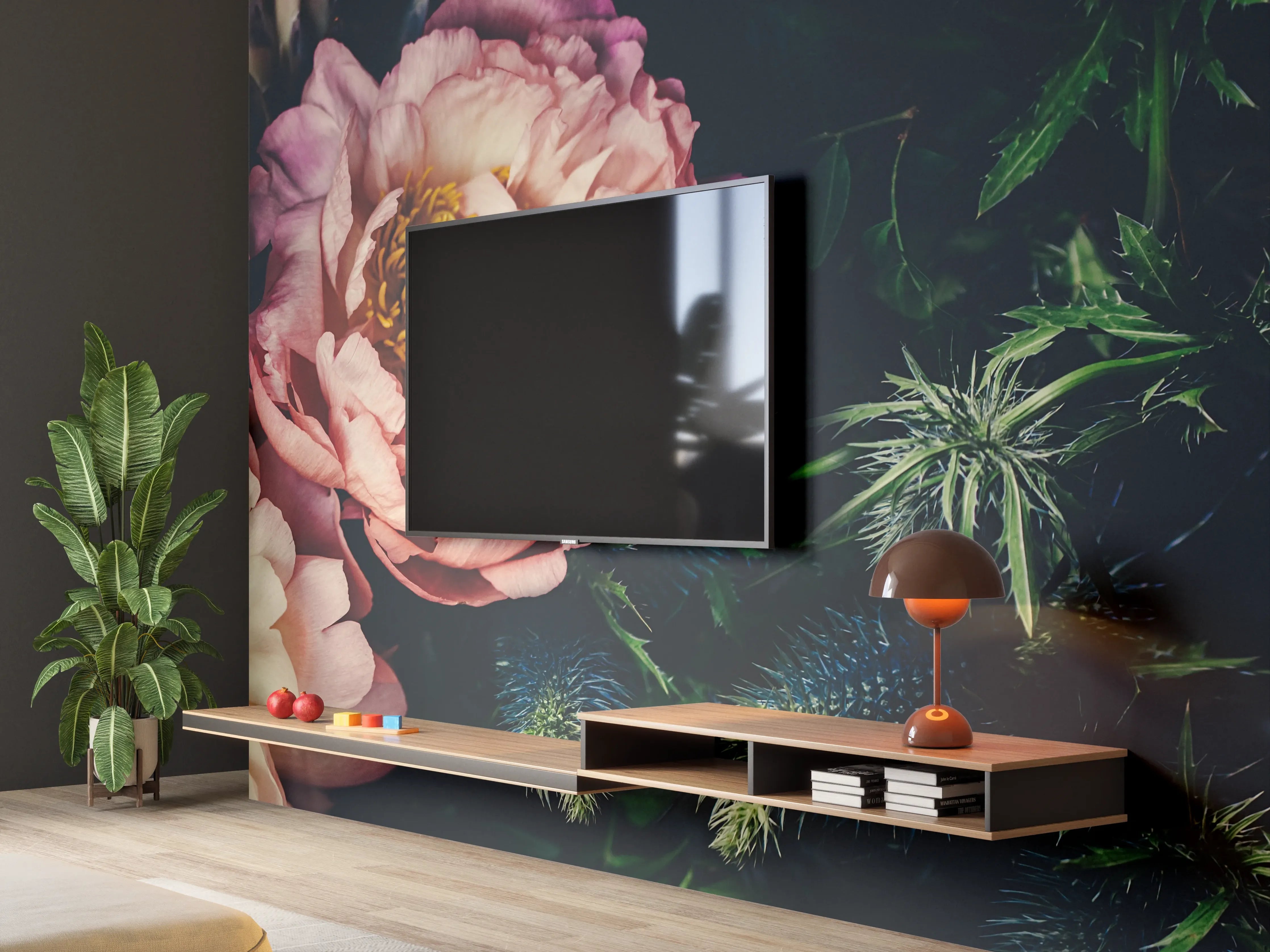 Wandverkleidung Wohnzimmer - Rosa Blüten auf einer Wiese