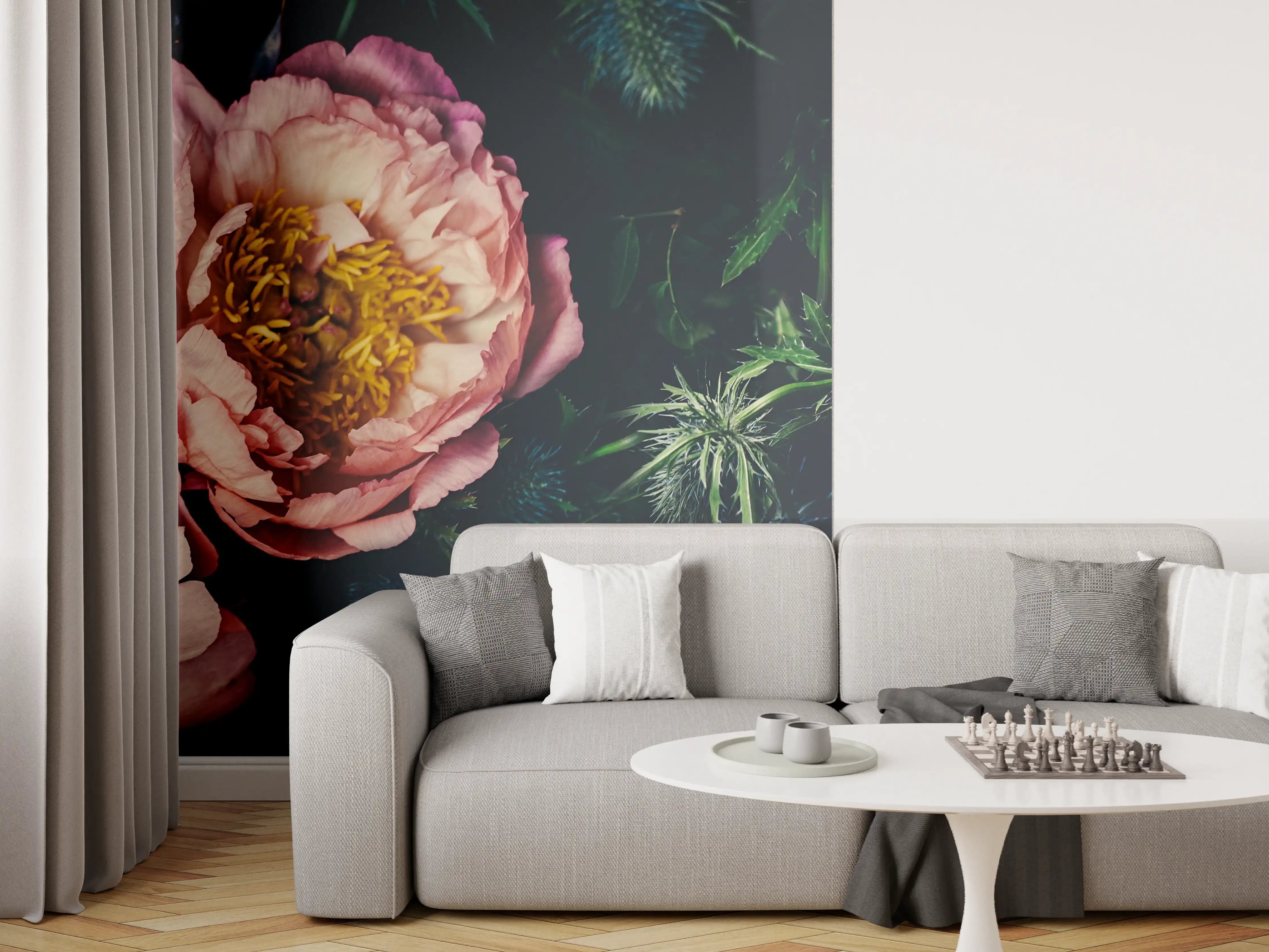 Wandverkleidung Wohnzimmer - Rosa Blüten auf einer Wiese