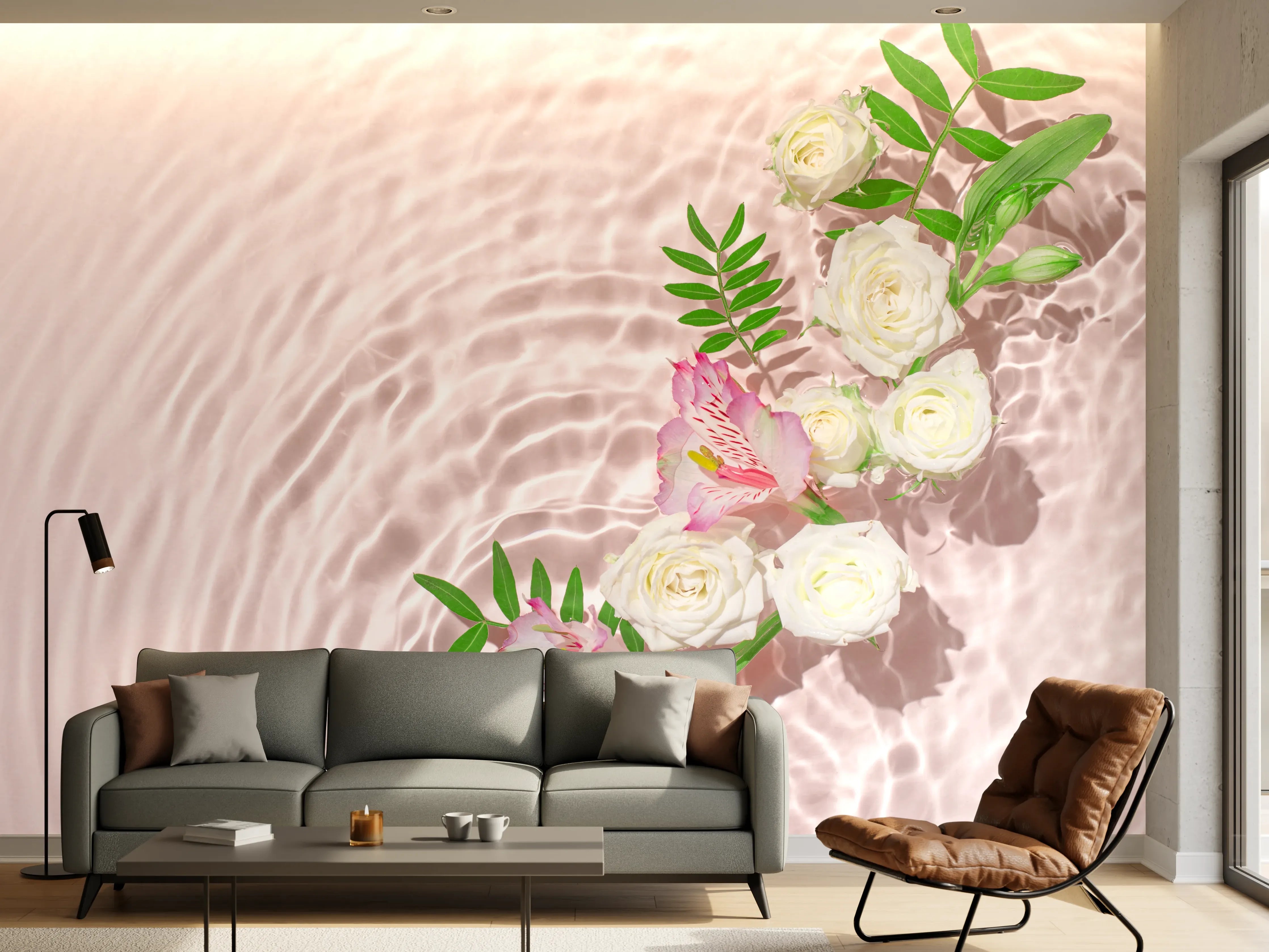 Wandverkleidung Wohnzimmer - Rosa Blumen auf Wasser