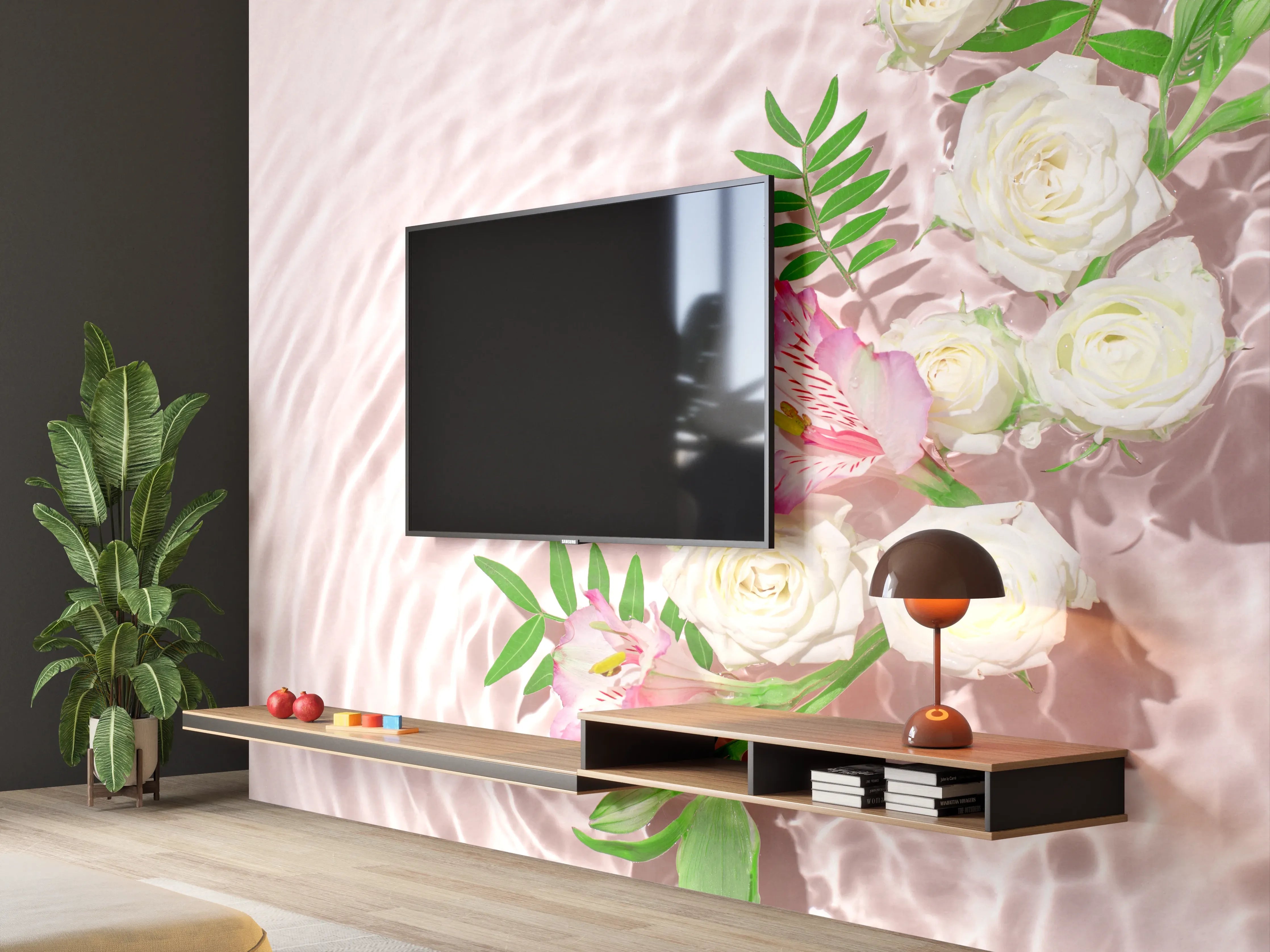 Wandverkleidung Wohnzimmer - Rosa Blumen auf Wasser