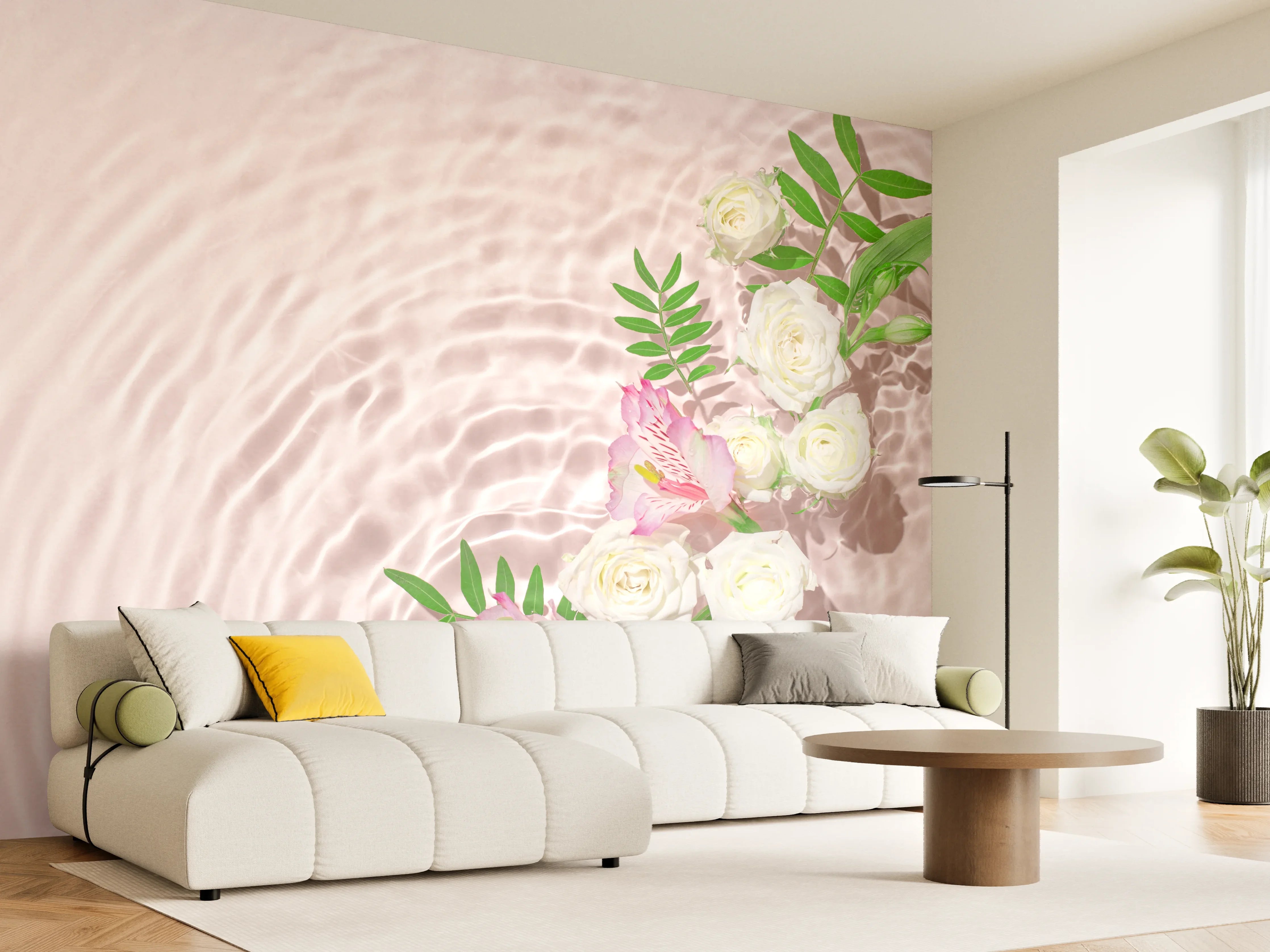 Wandverkleidung Wohnzimmer - Rosa Blumen auf Wasser