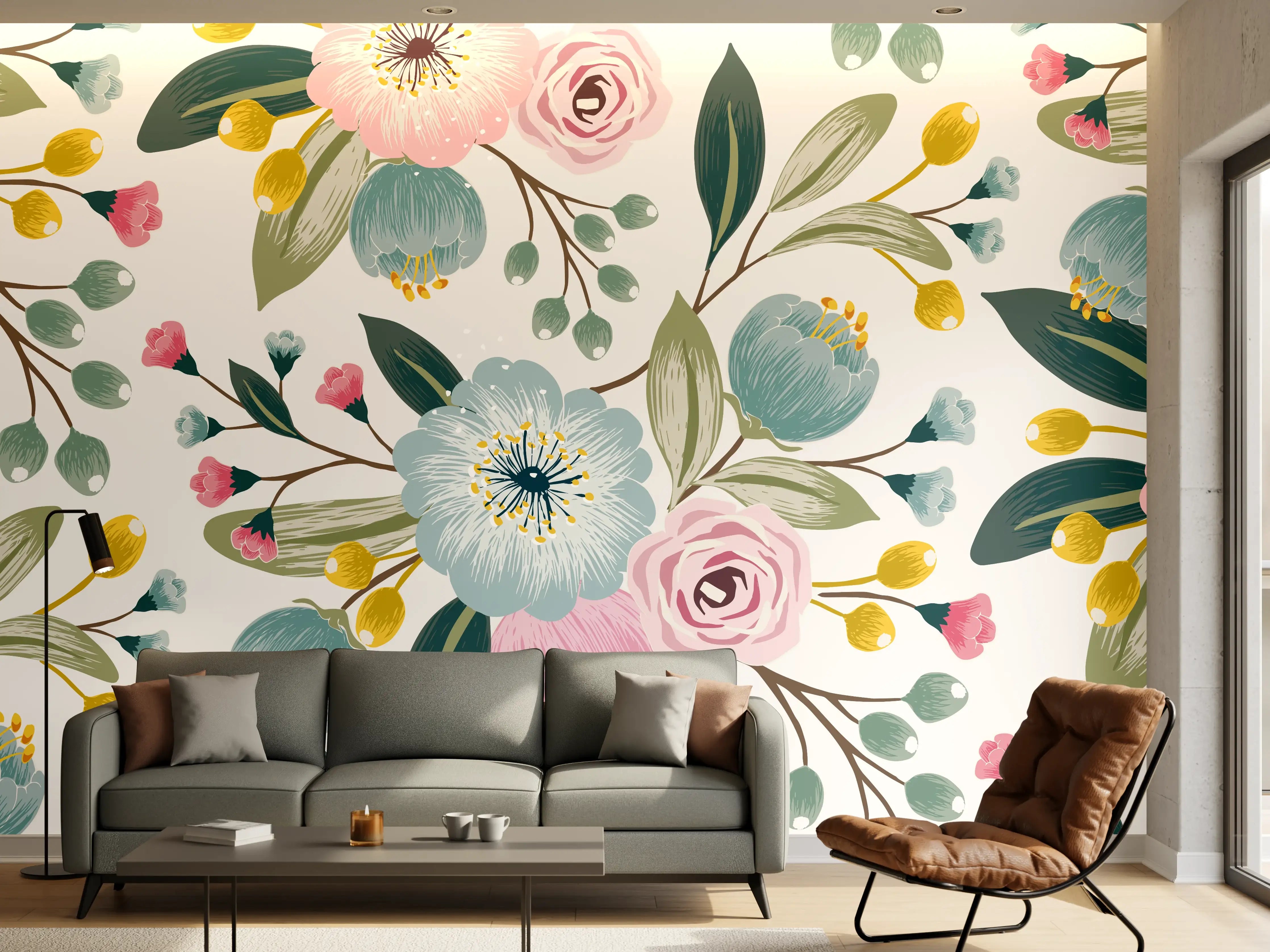 Wandverkleidung Wohnzimmer - Rosa Blumenmuster Tapete