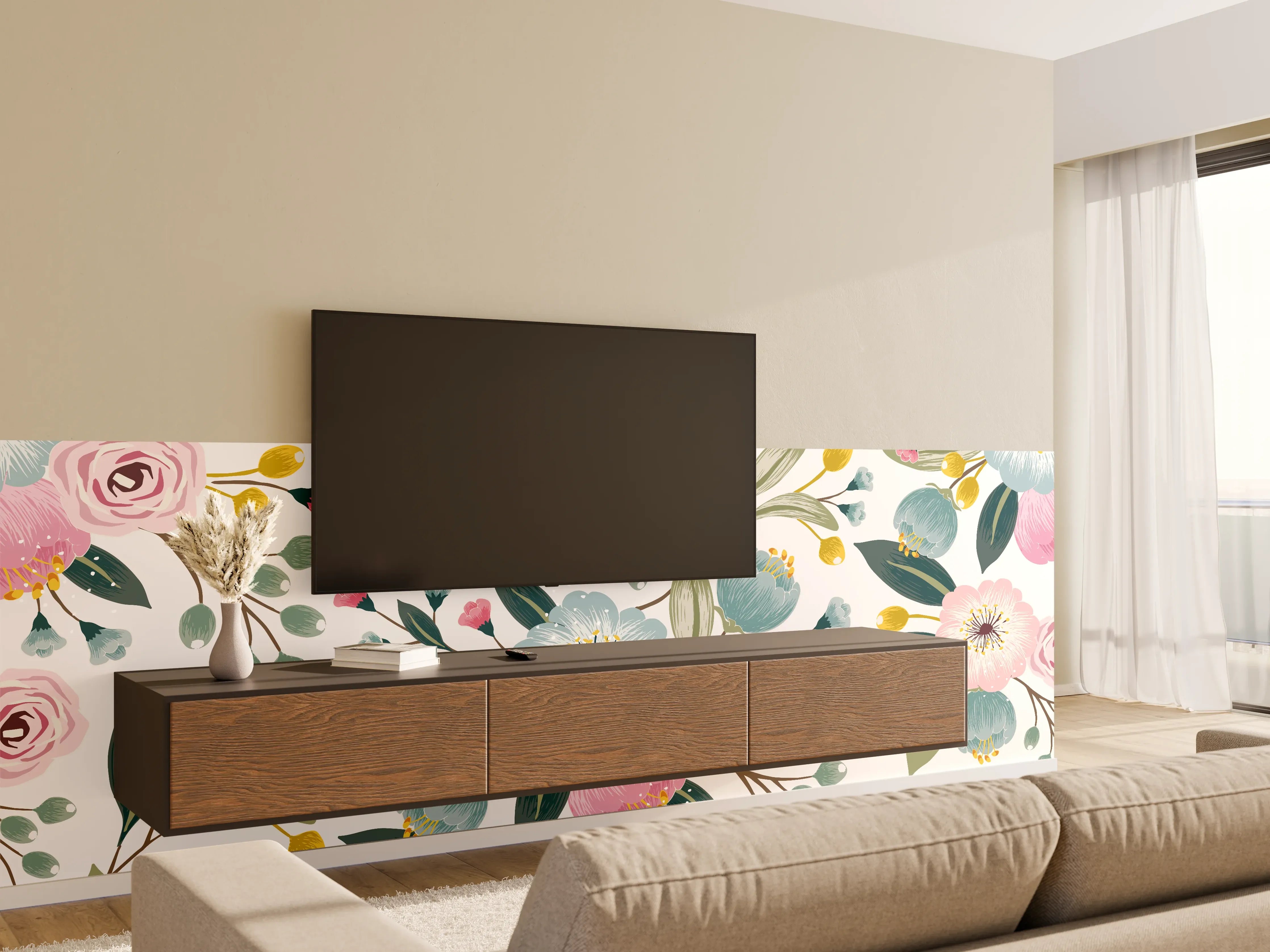 Wandverkleidung Wohnzimmer - Rosa Blumenmuster Tapete