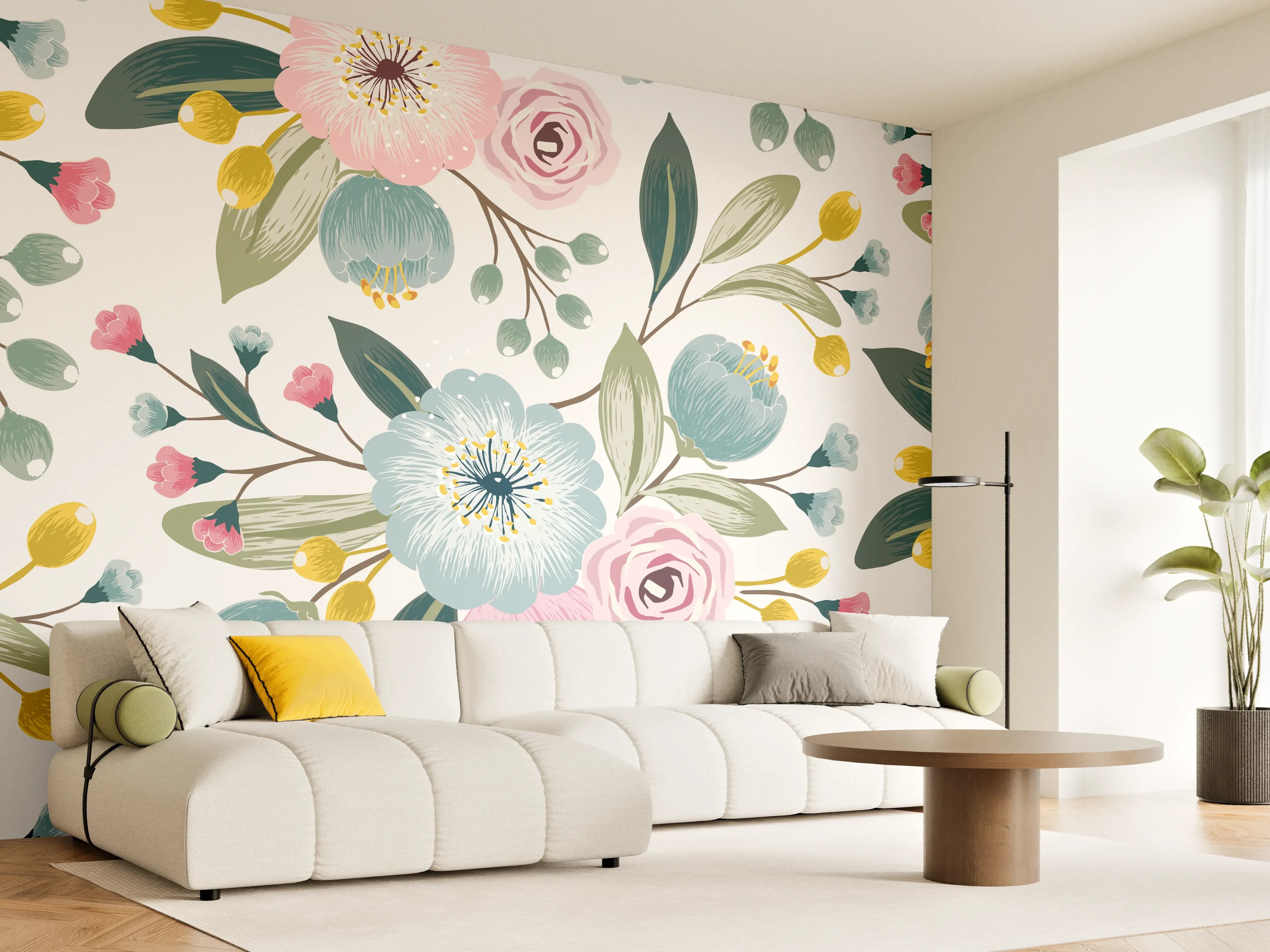 Wandverkleidung Wohnzimmer - Rosa Blumenmuster Tapete