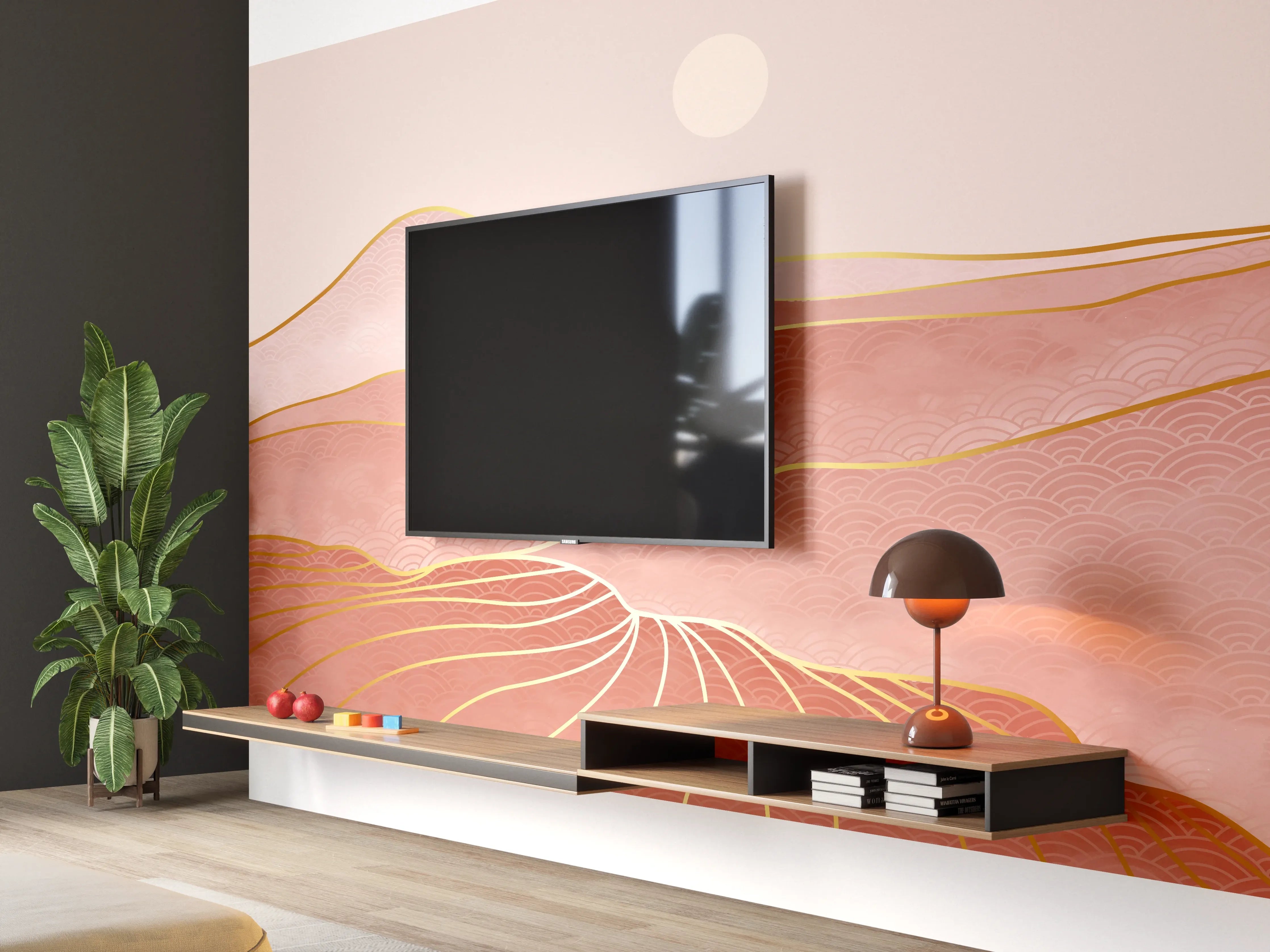 Wandverkleidung Wohnzimmer - Rosa-Hügellandschaft bei Sonnenuntergang