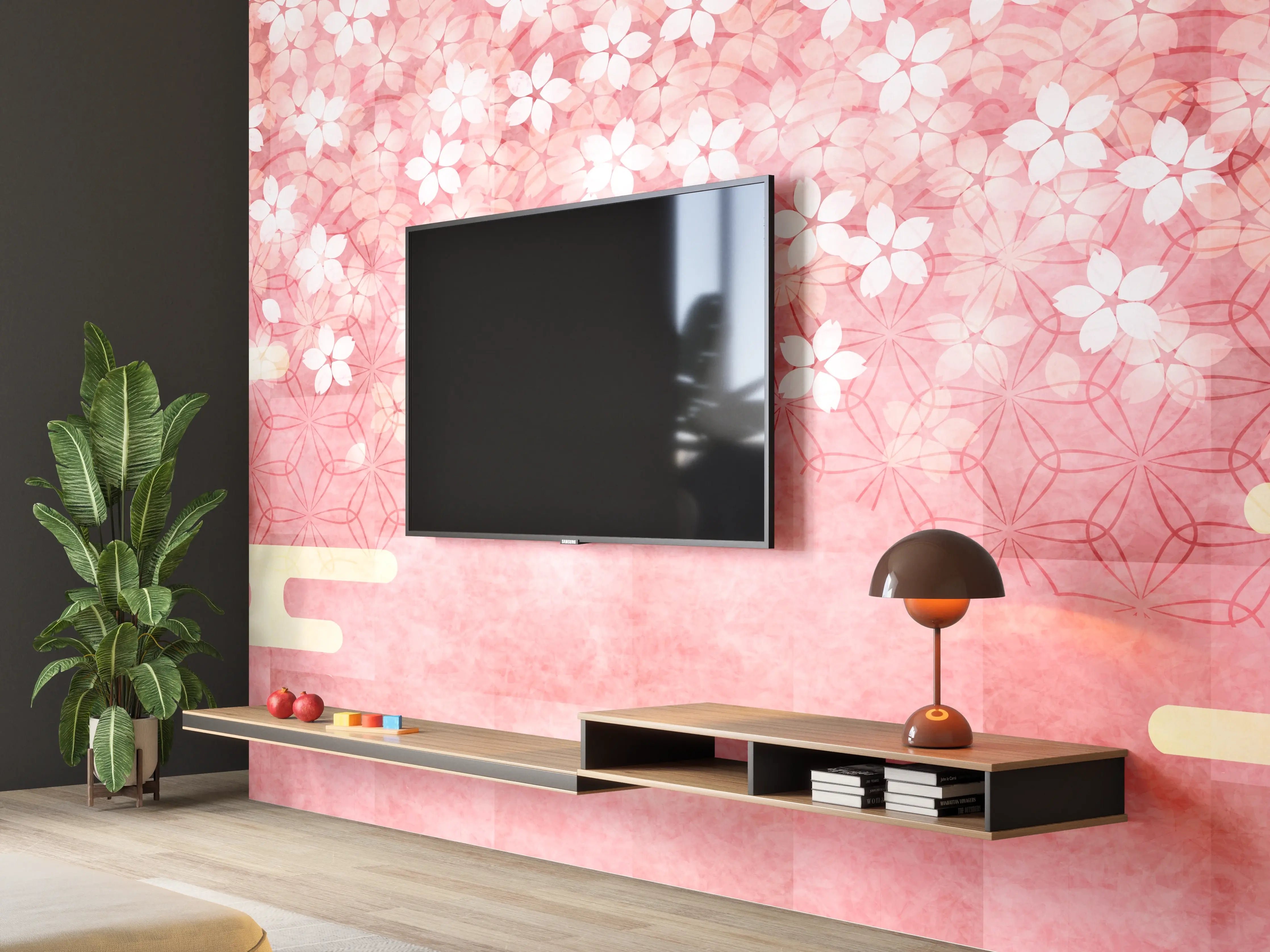 Wandverkleidung Wohnzimmer - Rosa Kirschblüten Muster