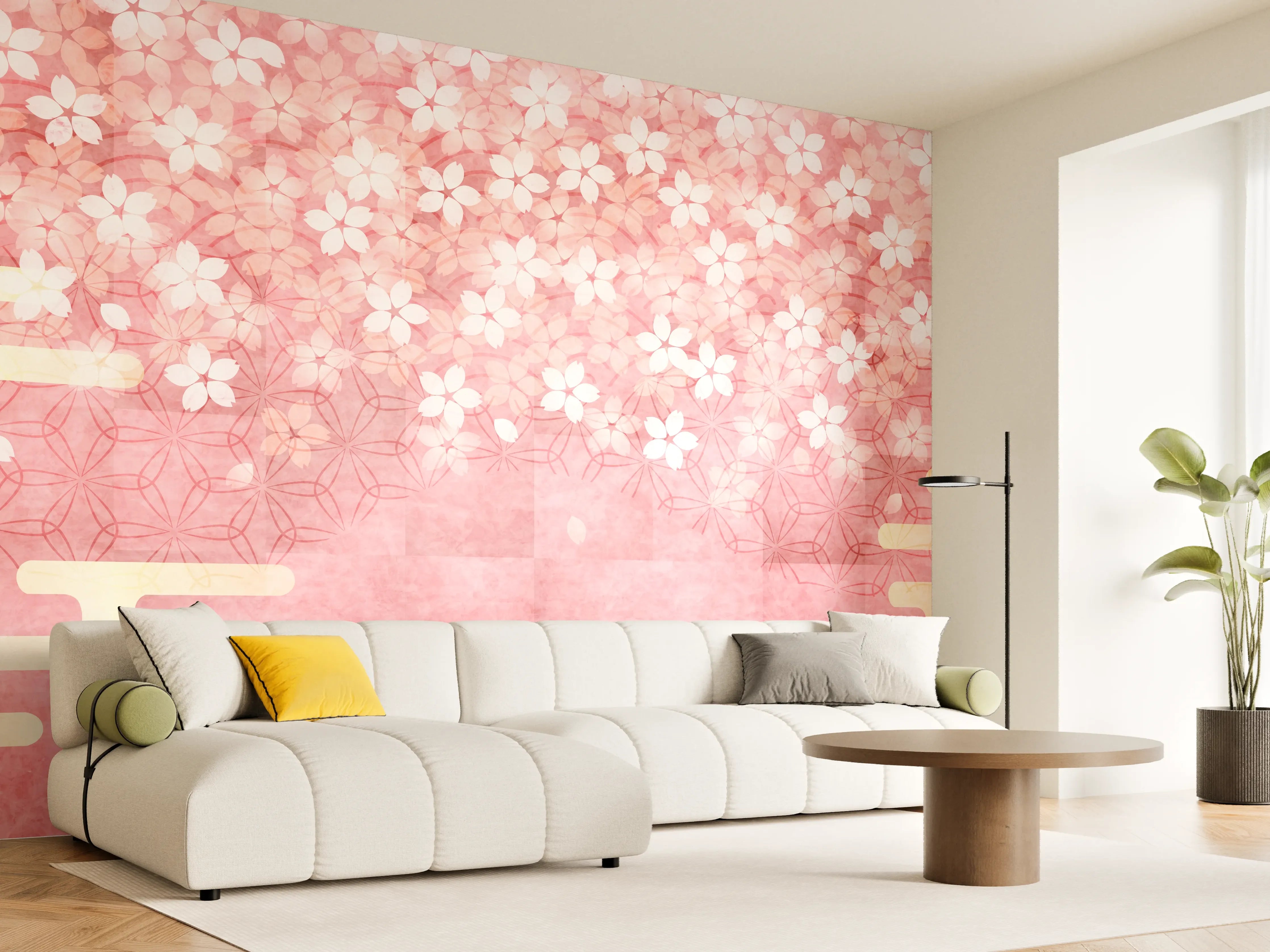 Wandverkleidung Wohnzimmer - Rosa Kirschblüten Muster