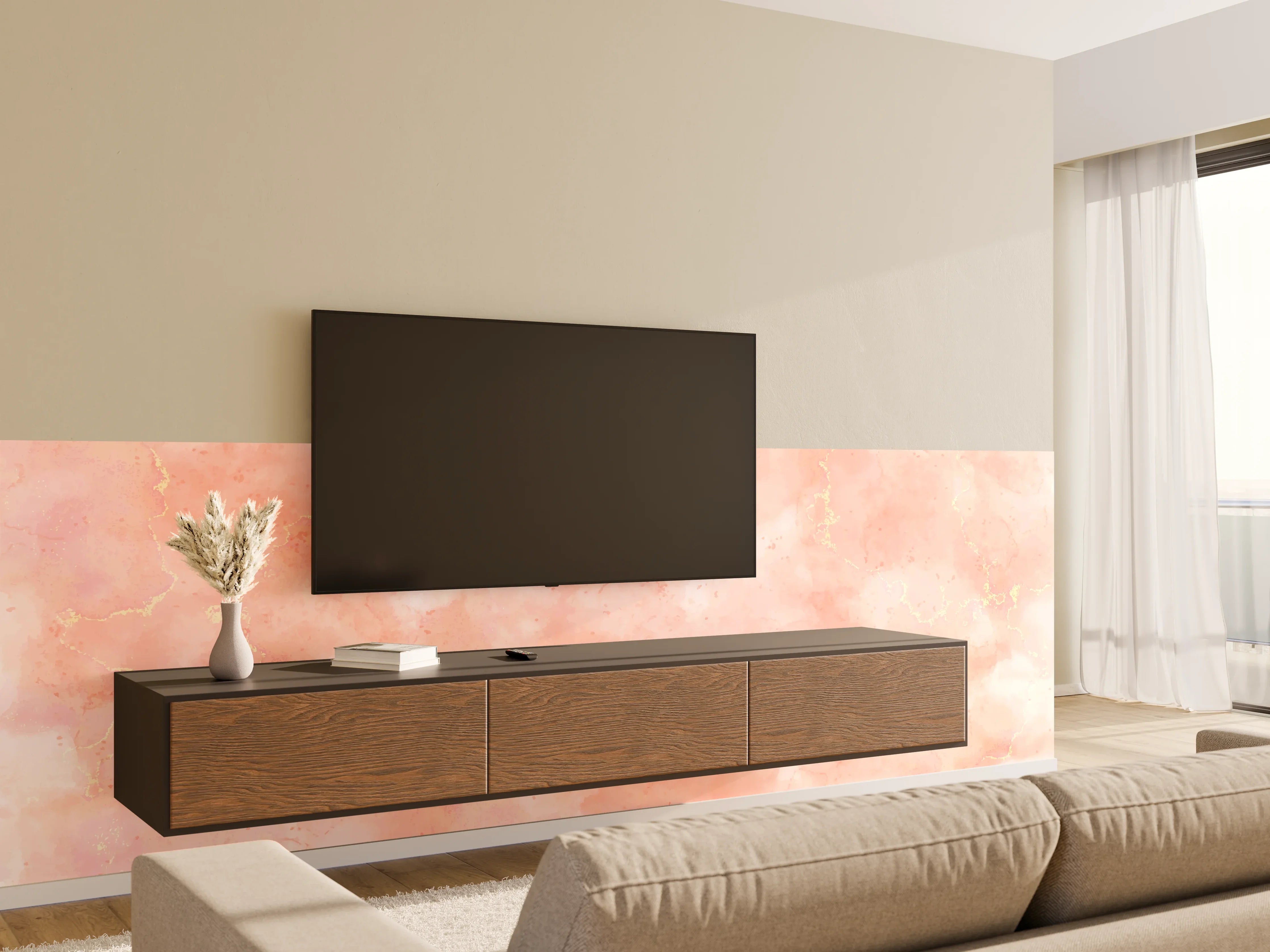 Wandverkleidung Wohnzimmer - Rosa Marmor Textur mit Goldakzenten