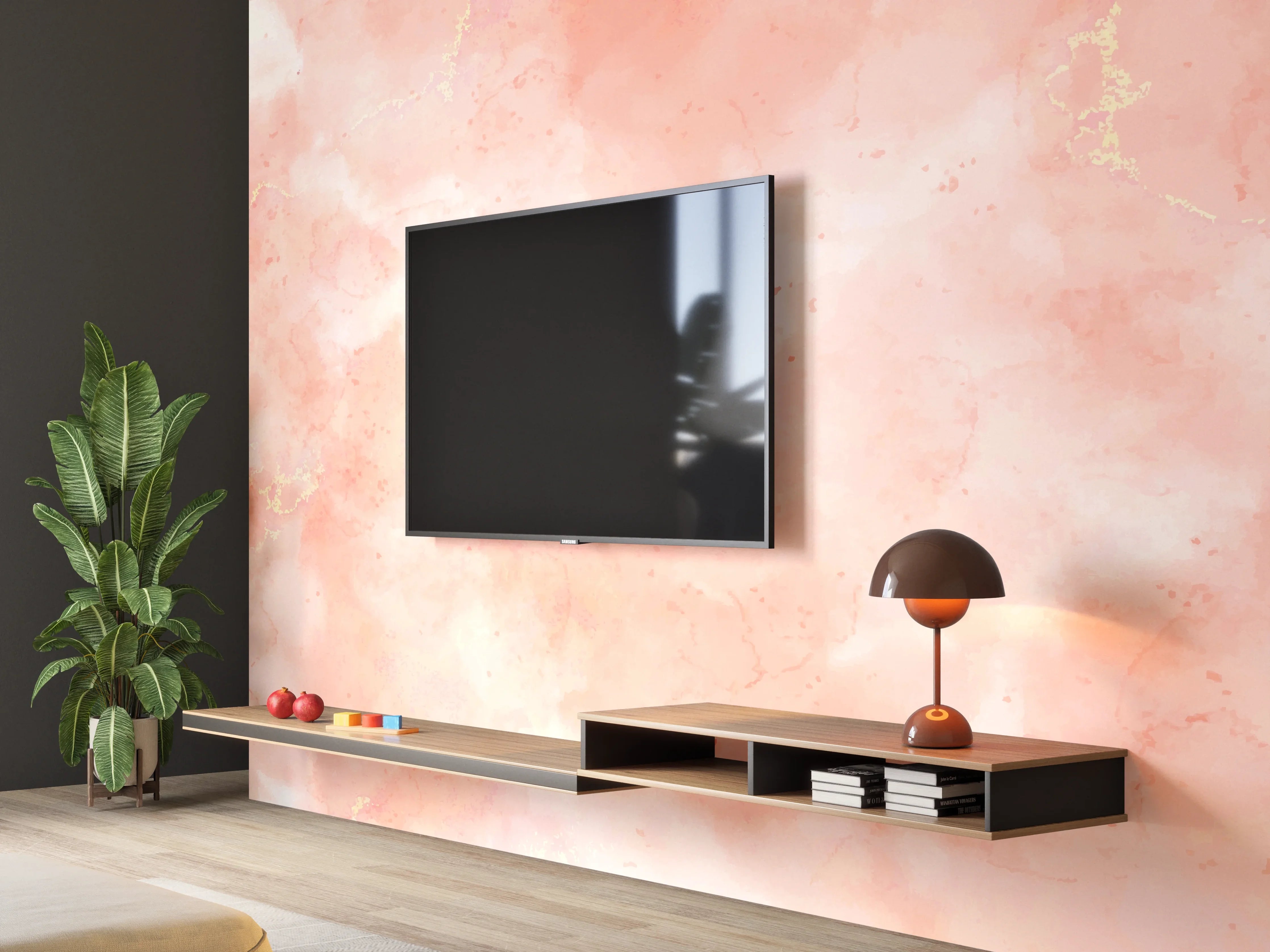 Wandverkleidung Wohnzimmer - Rosa Marmor Textur mit Goldakzenten