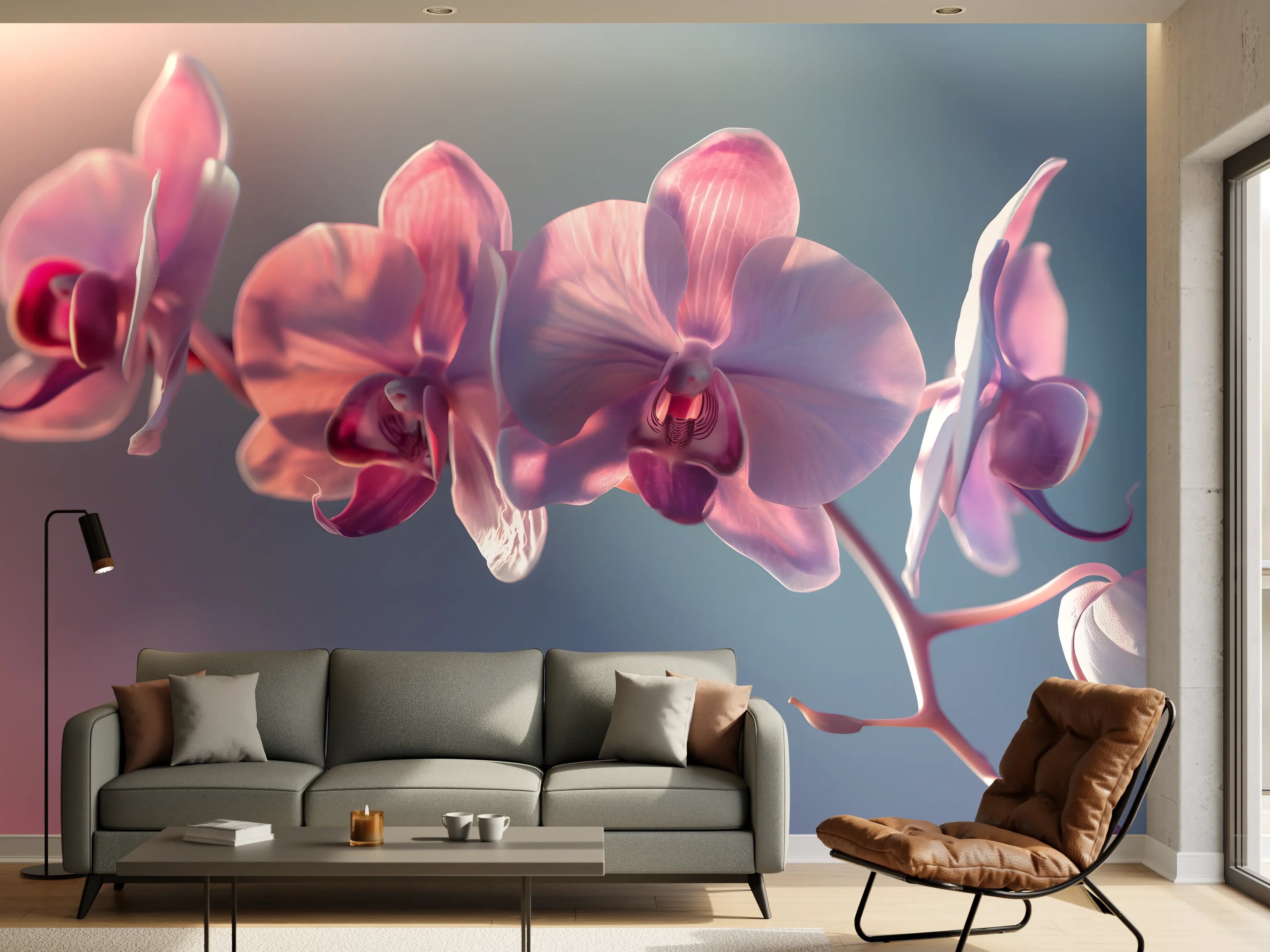 Wandverkleidung Wohnzimmer - Rosa Orchideen auf Blau