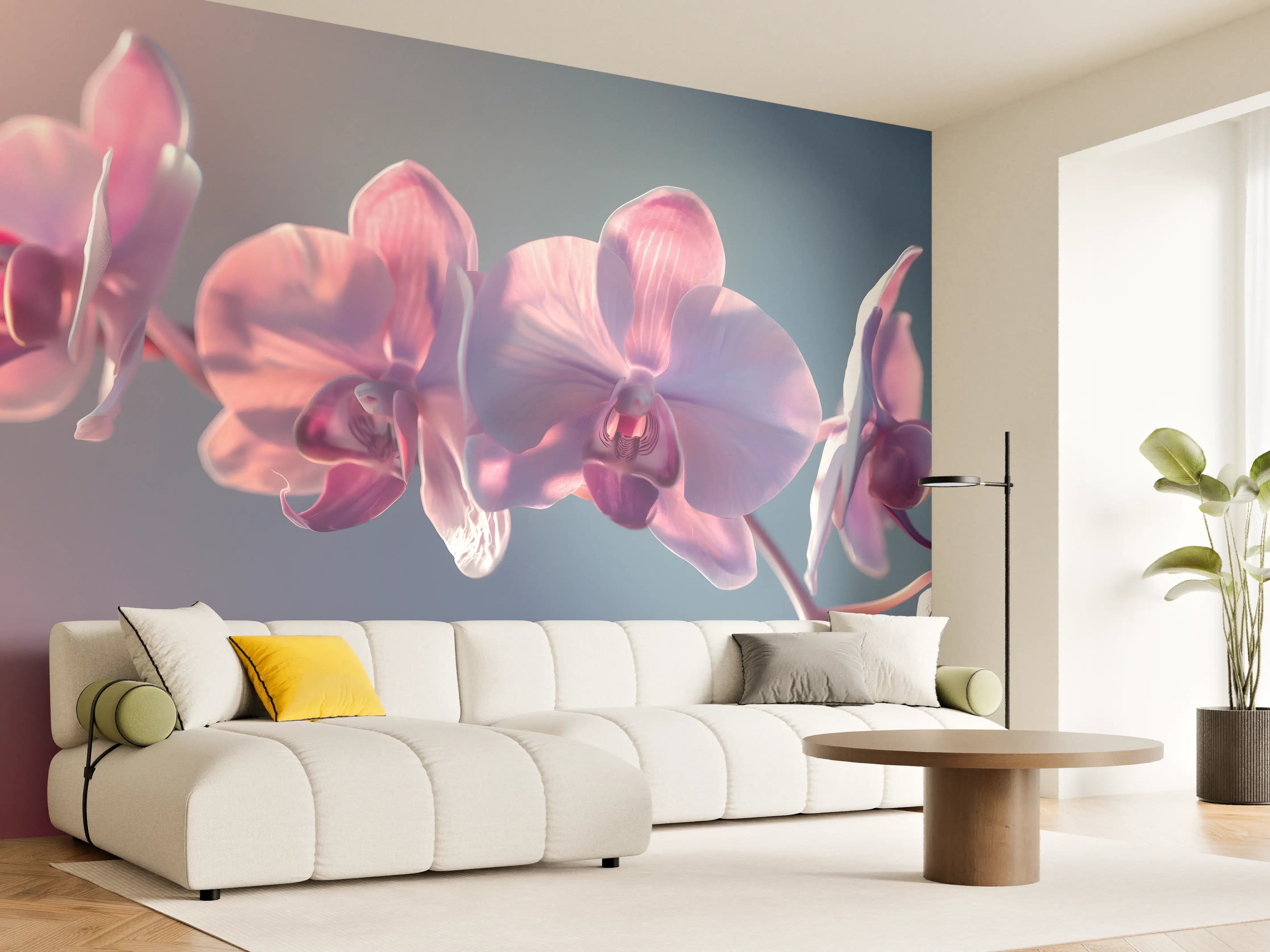 Wandverkleidung Wohnzimmer - Rosa Orchideen auf Blau
