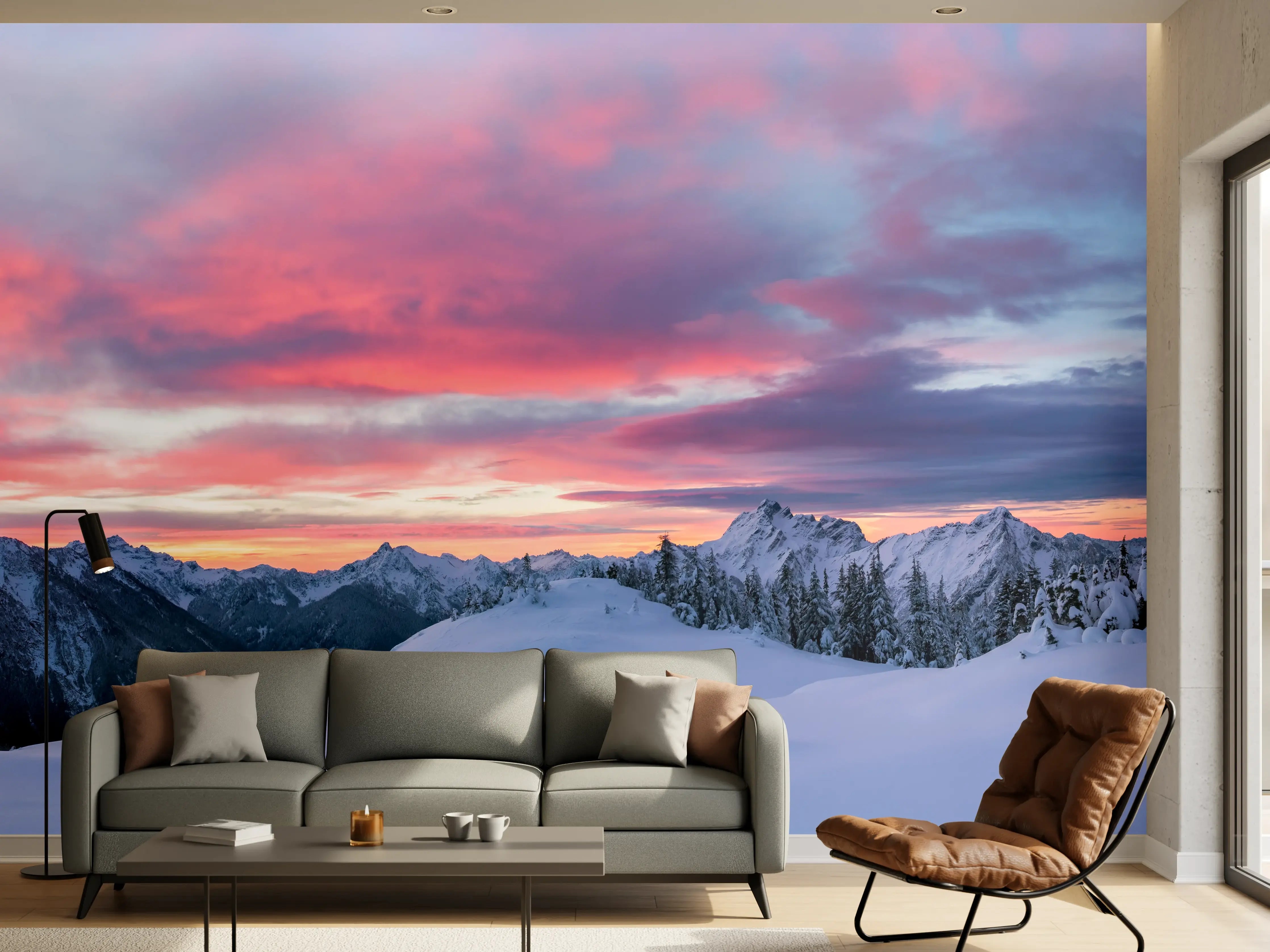 Wandverkleidung Wohnzimmer - Rosa Sonnenuntergang Bergpanorama
