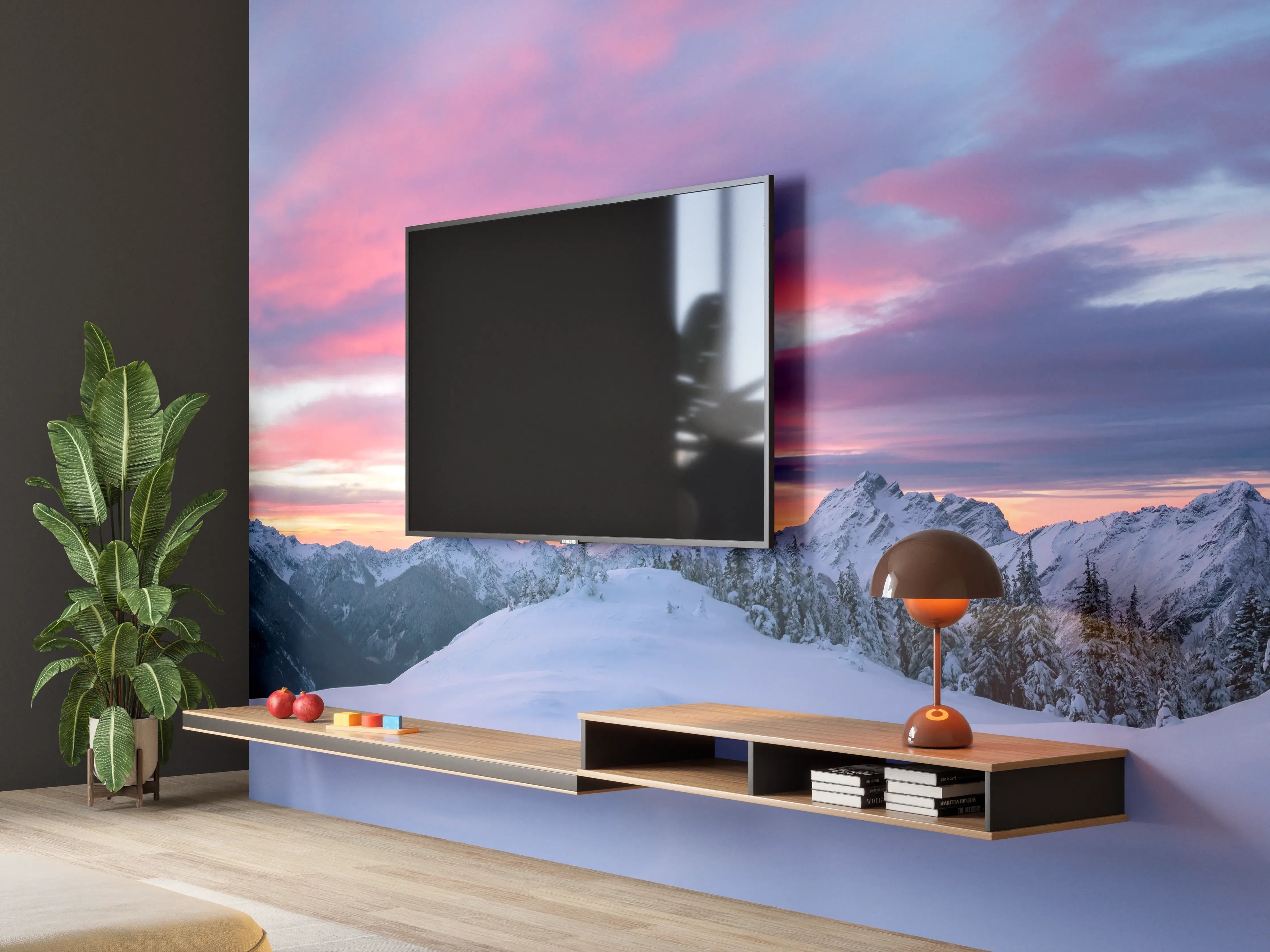 Wandverkleidung Wohnzimmer - Rosa Sonnenuntergang Bergpanorama