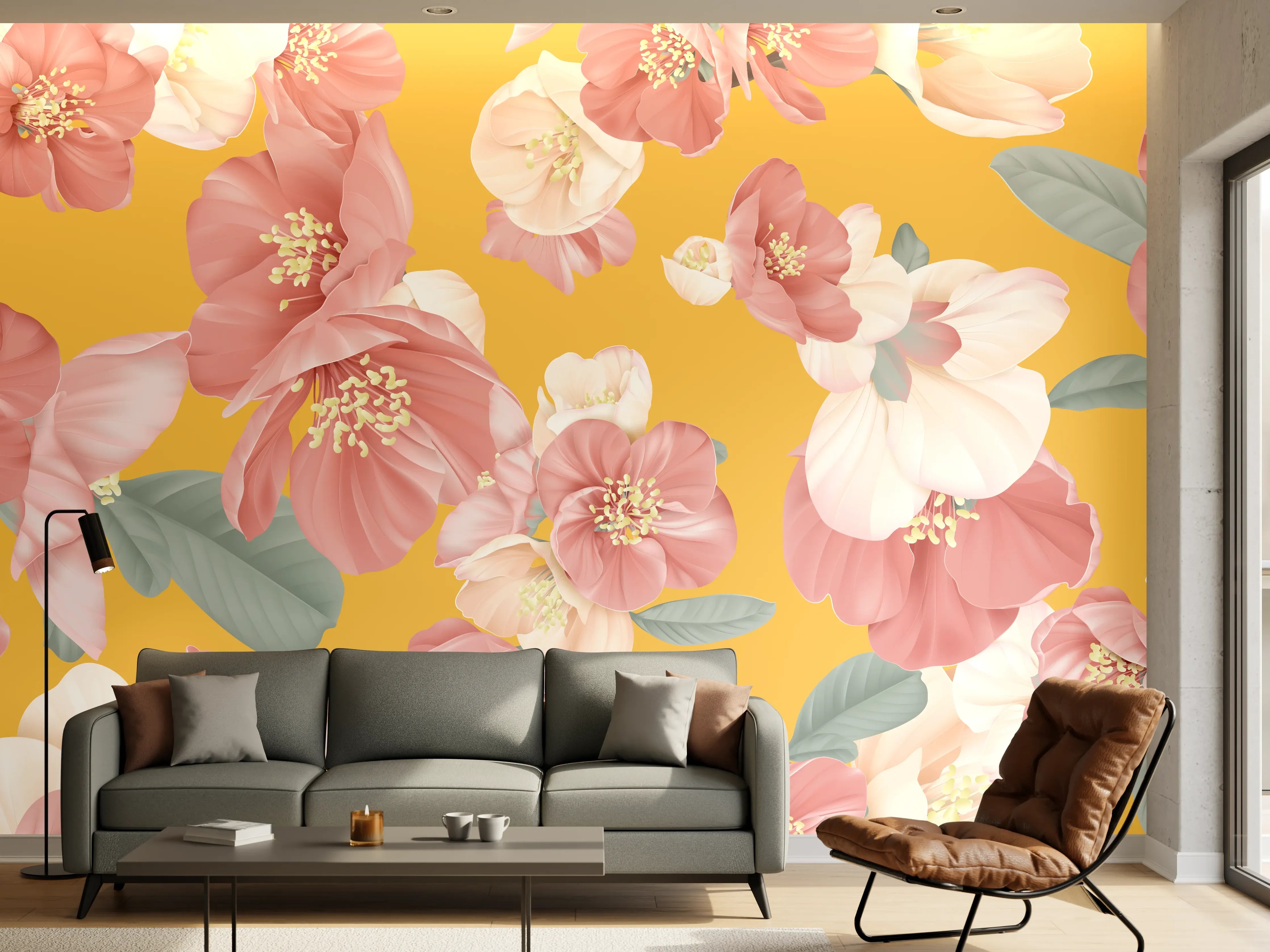 Wandverkleidung Wohnzimmer - Rosa-weiße Blüten