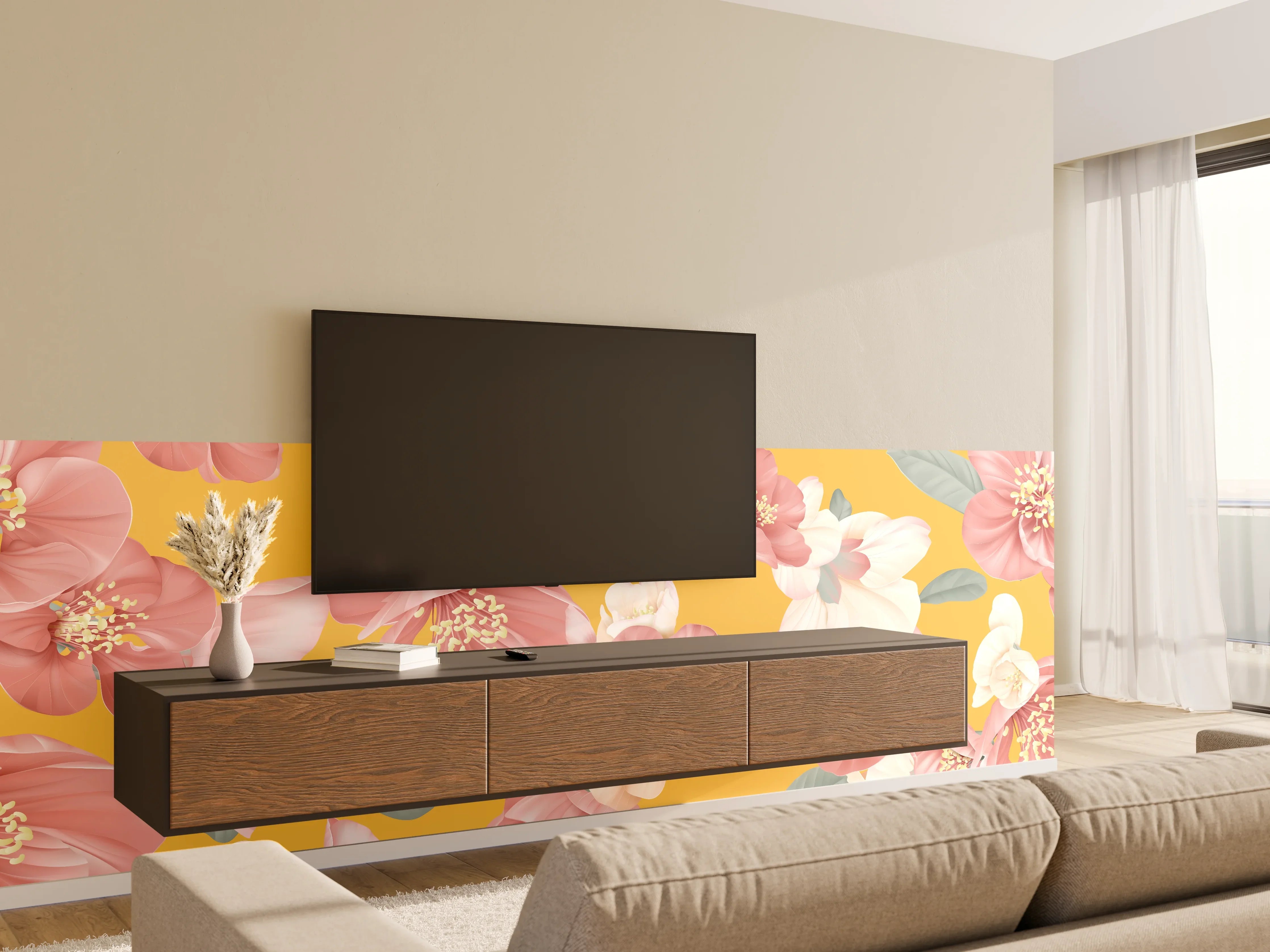 Wandverkleidung Wohnzimmer - Rosa-weiße Blüten