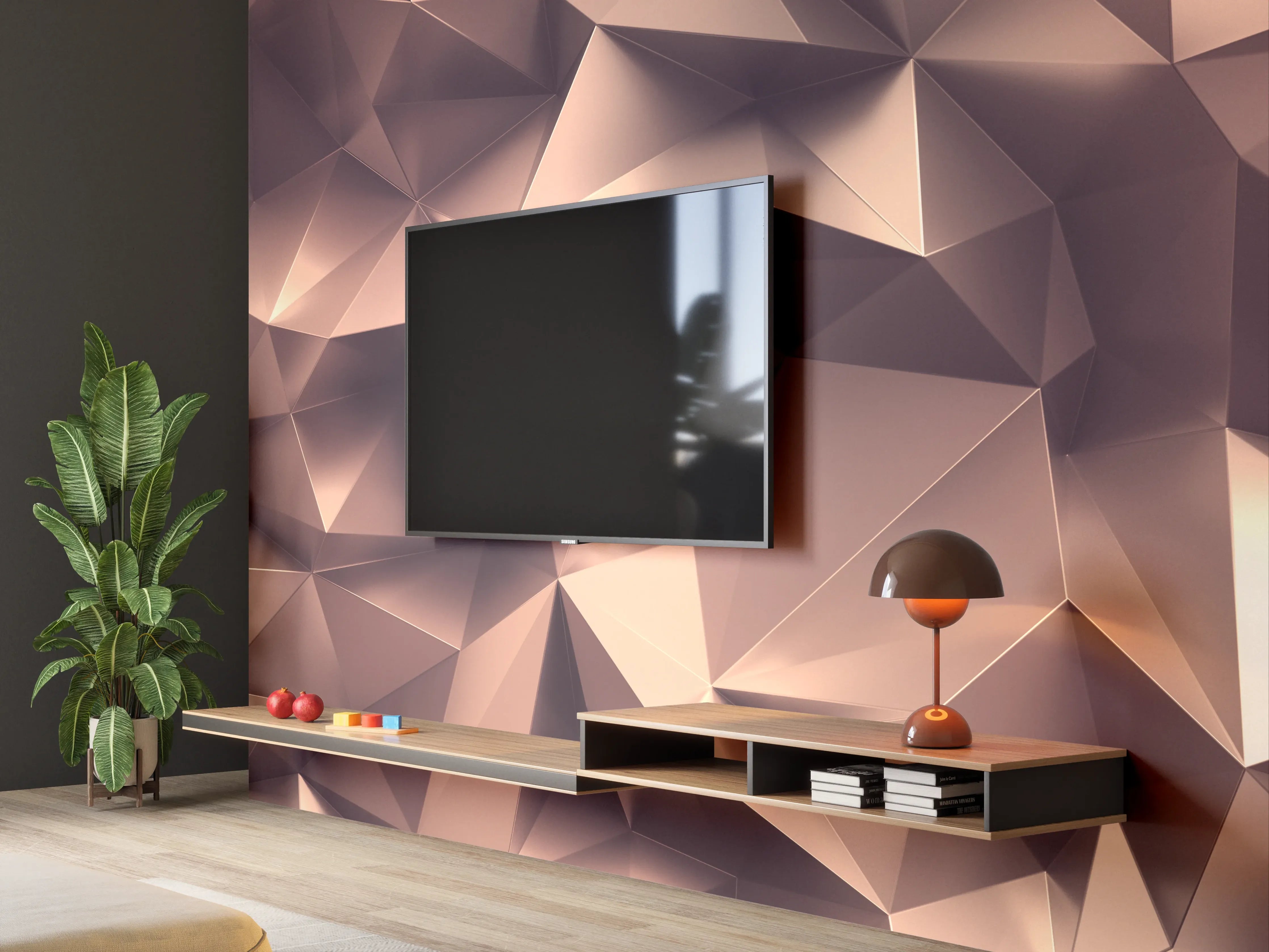 Wandverkleidung Wohnzimmer - Roségold Kristall-Polygon-Hintergrund