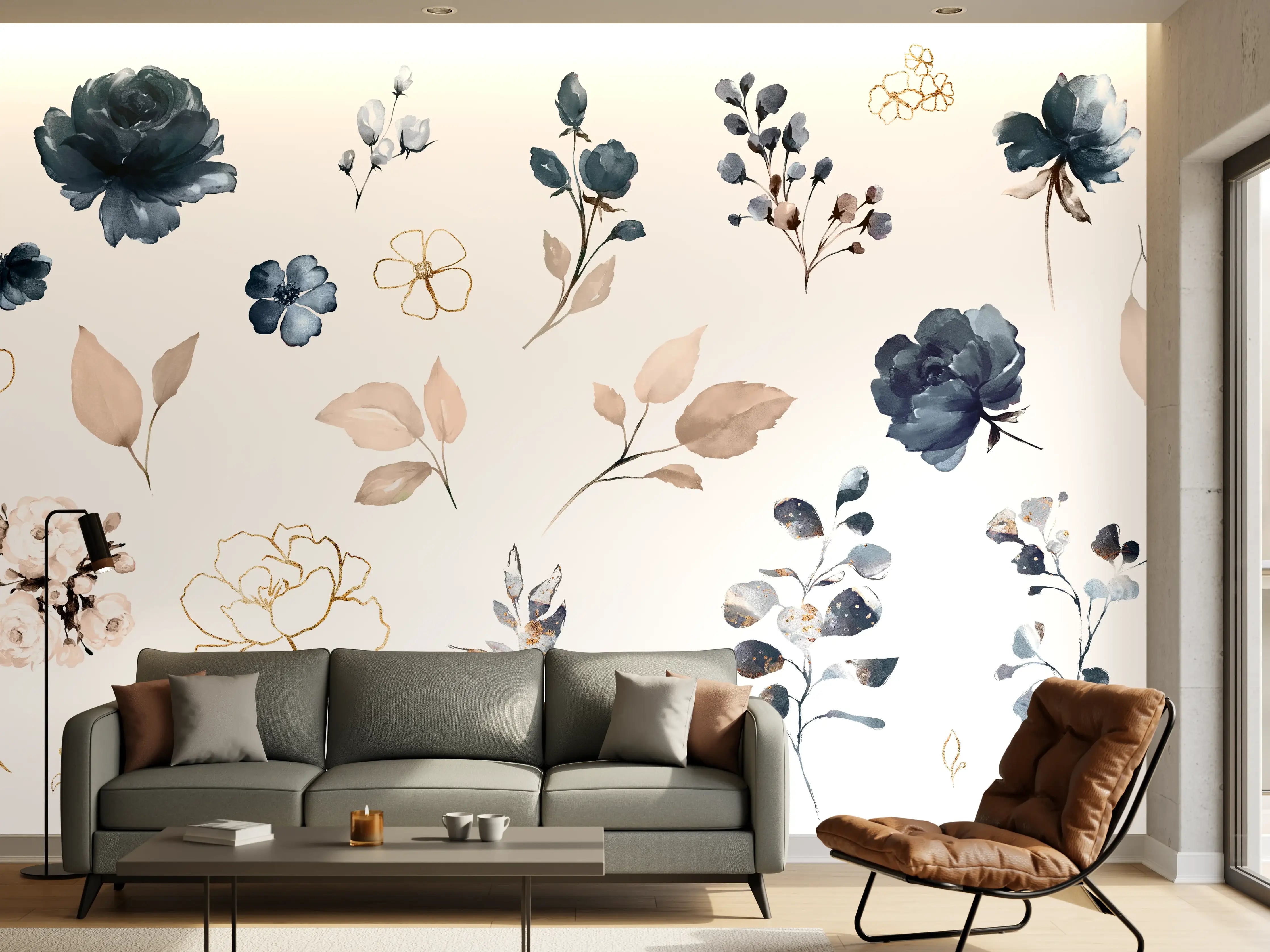 Wandverkleidung Wohnzimmer - Rosen im Aquarell-Design
